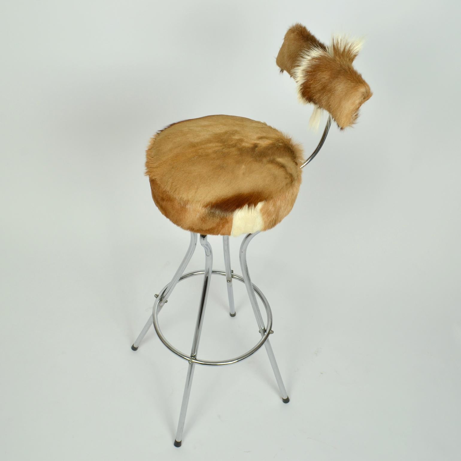 Set of Three Swivel Barstools in Chrome and Goatskin For Sale 5