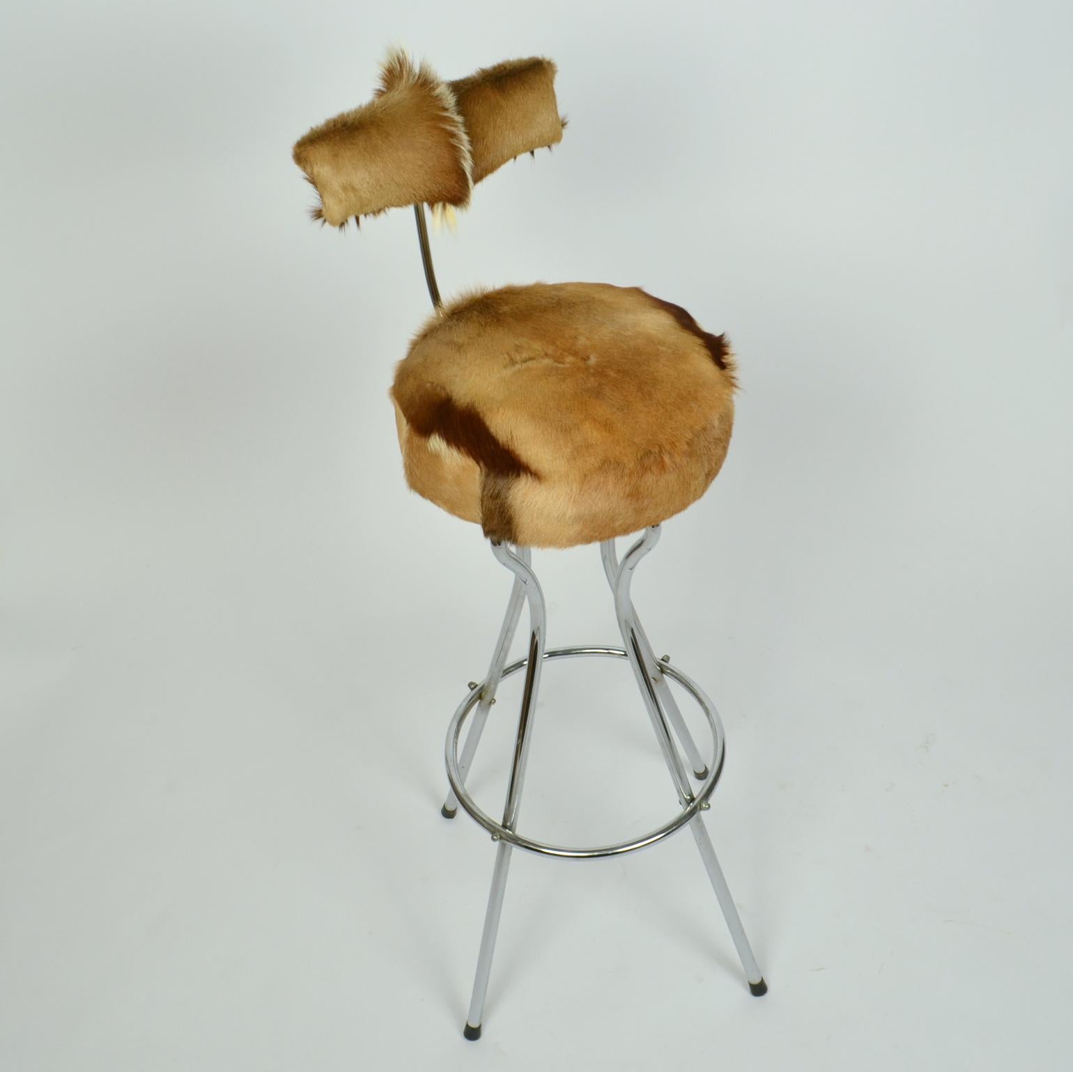 Set of Three Swivel Barstools in Chrome and Goatskin For Sale 6