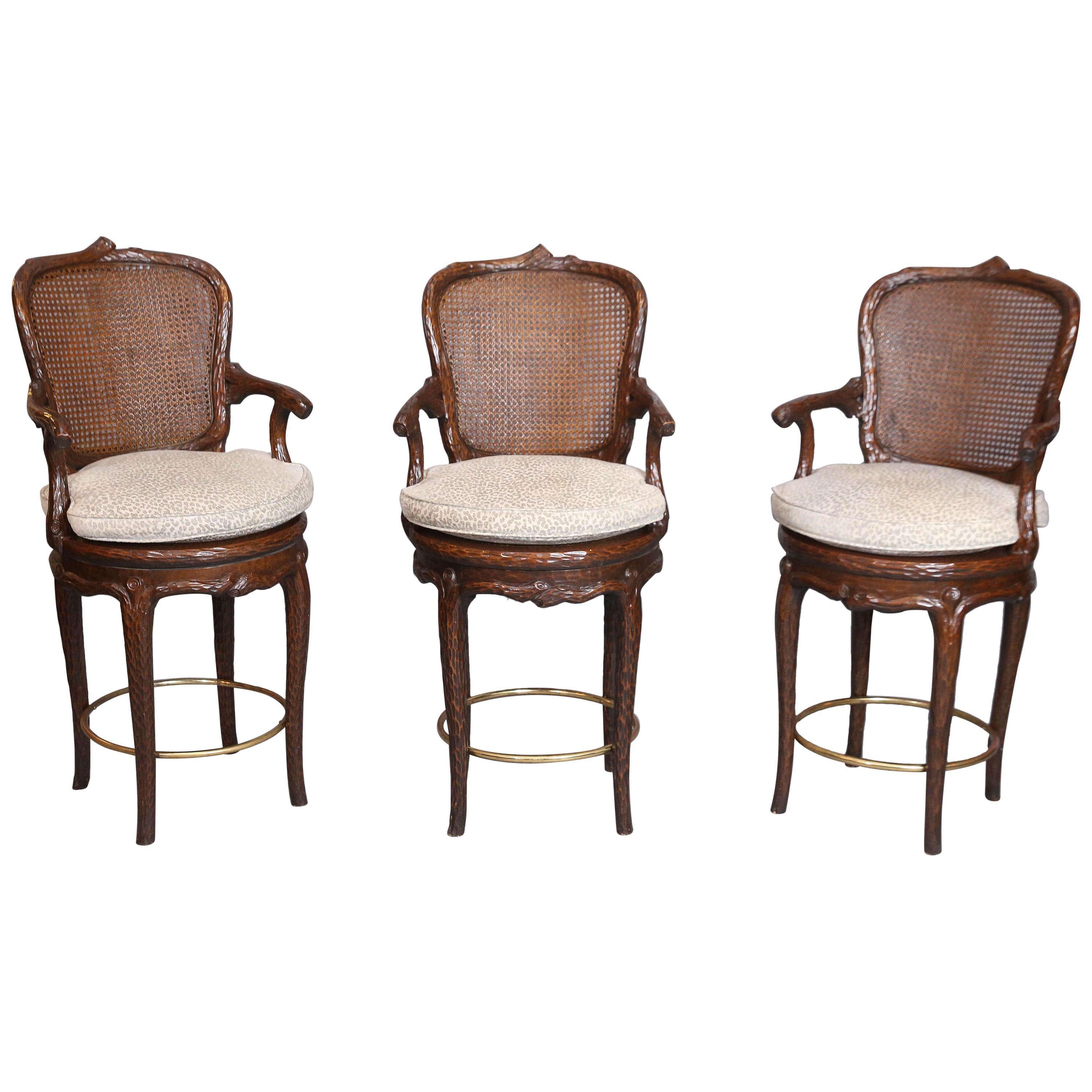 Set of Three Swivel Vintage Italian Faux-Bois Counter-Height Stools For Sale