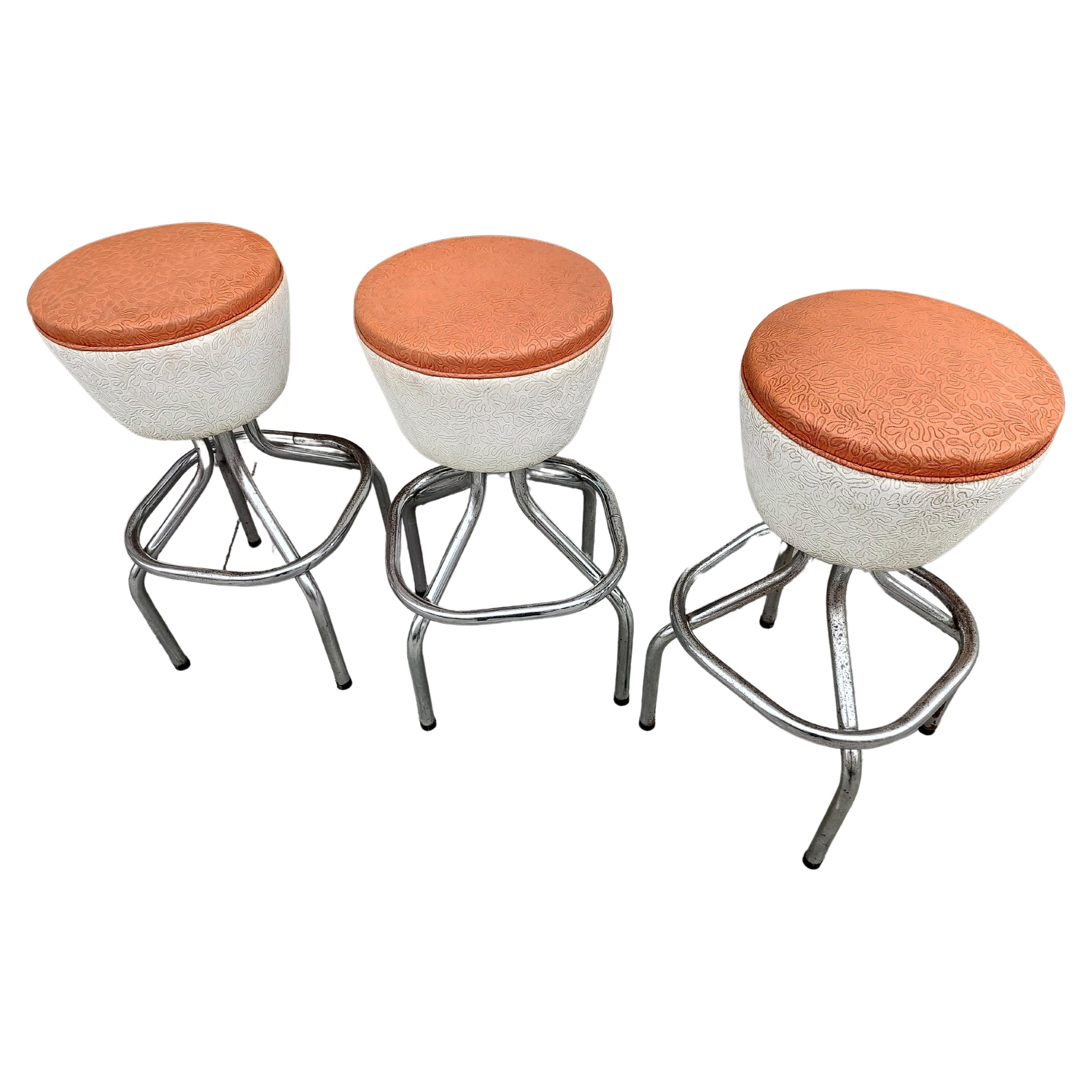 American Set of Three Swiveling 1950s Conical Two Tone Bar Stools