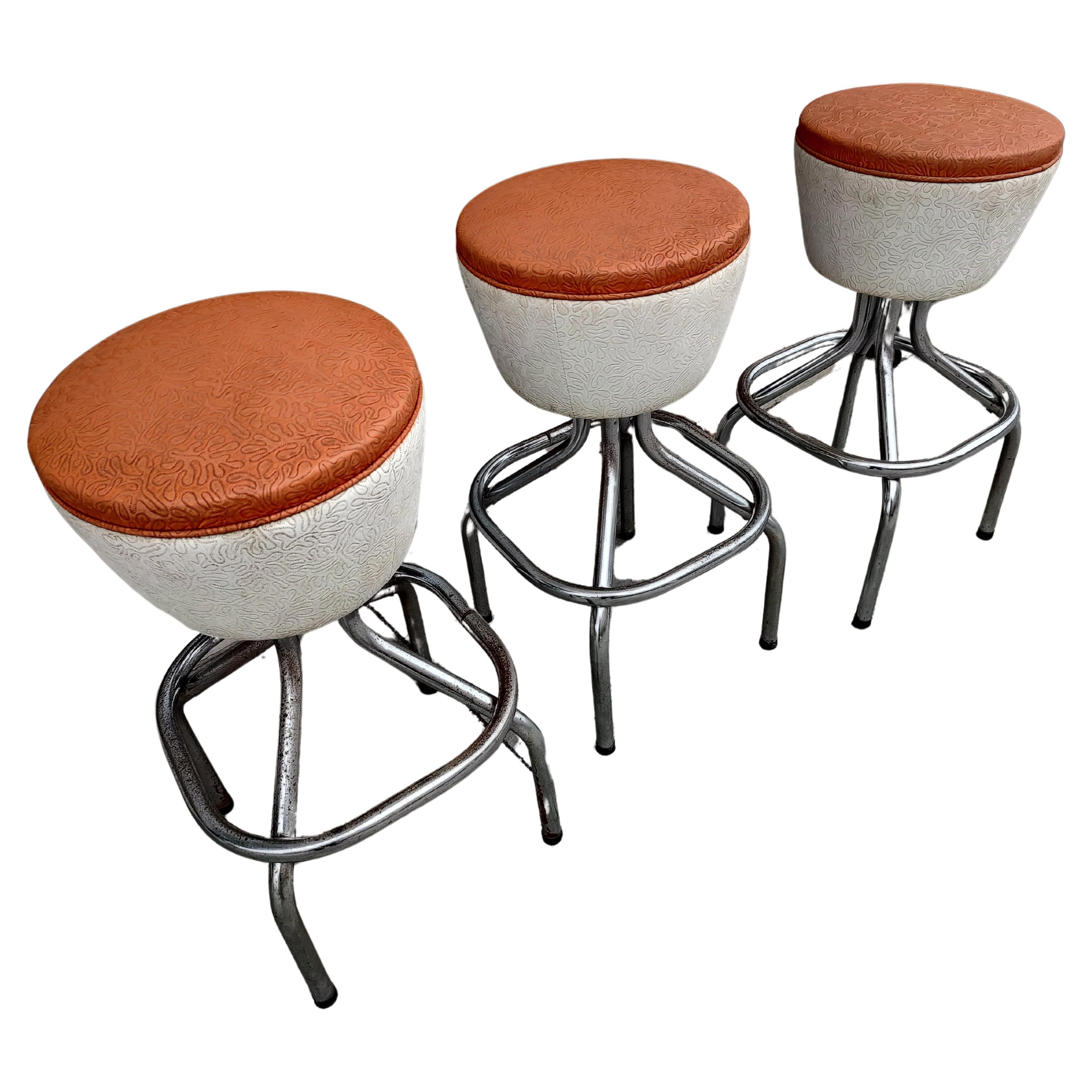 Hand-Crafted Set of Three Swiveling 1950s Conical Two Tone Bar Stools