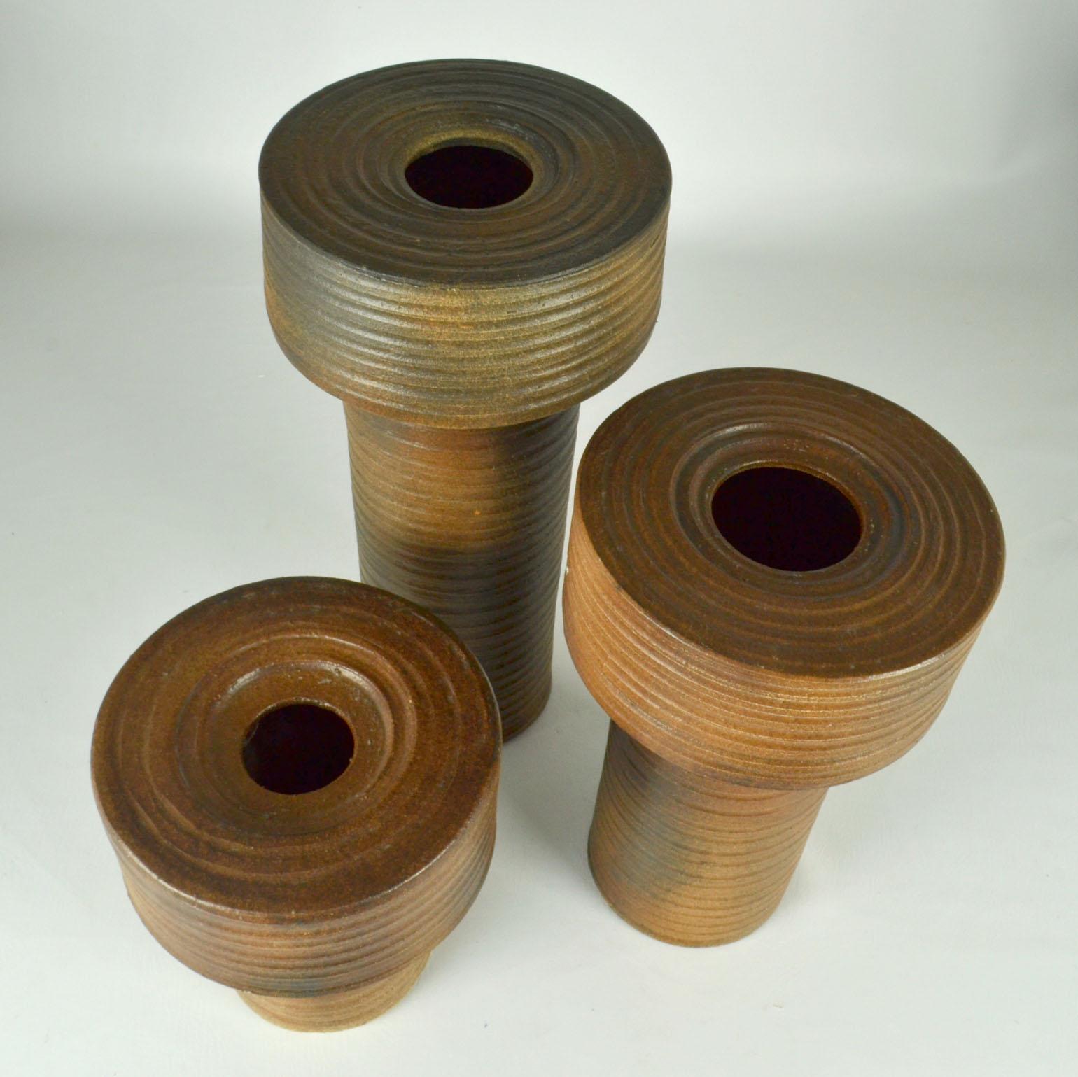 Set of Three Tall Minimalist Cylinder Vases in Earth Tones For Sale 1