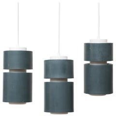 Set of Three Teal Enameled Metal Pendant Ceiling Lamps