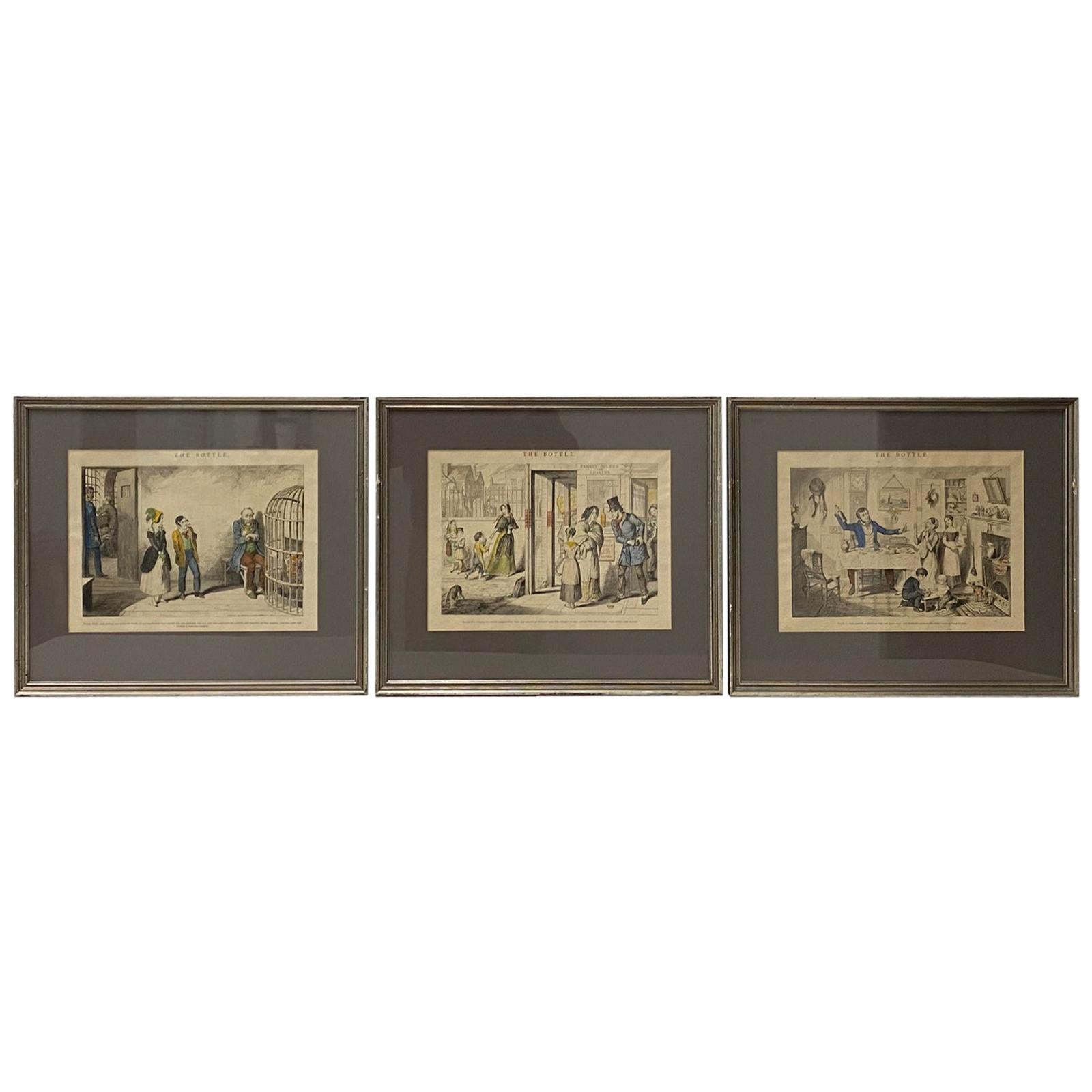 Ensemble de trois gravures en couleur Temperance de Cruikshank, 19ème siècle