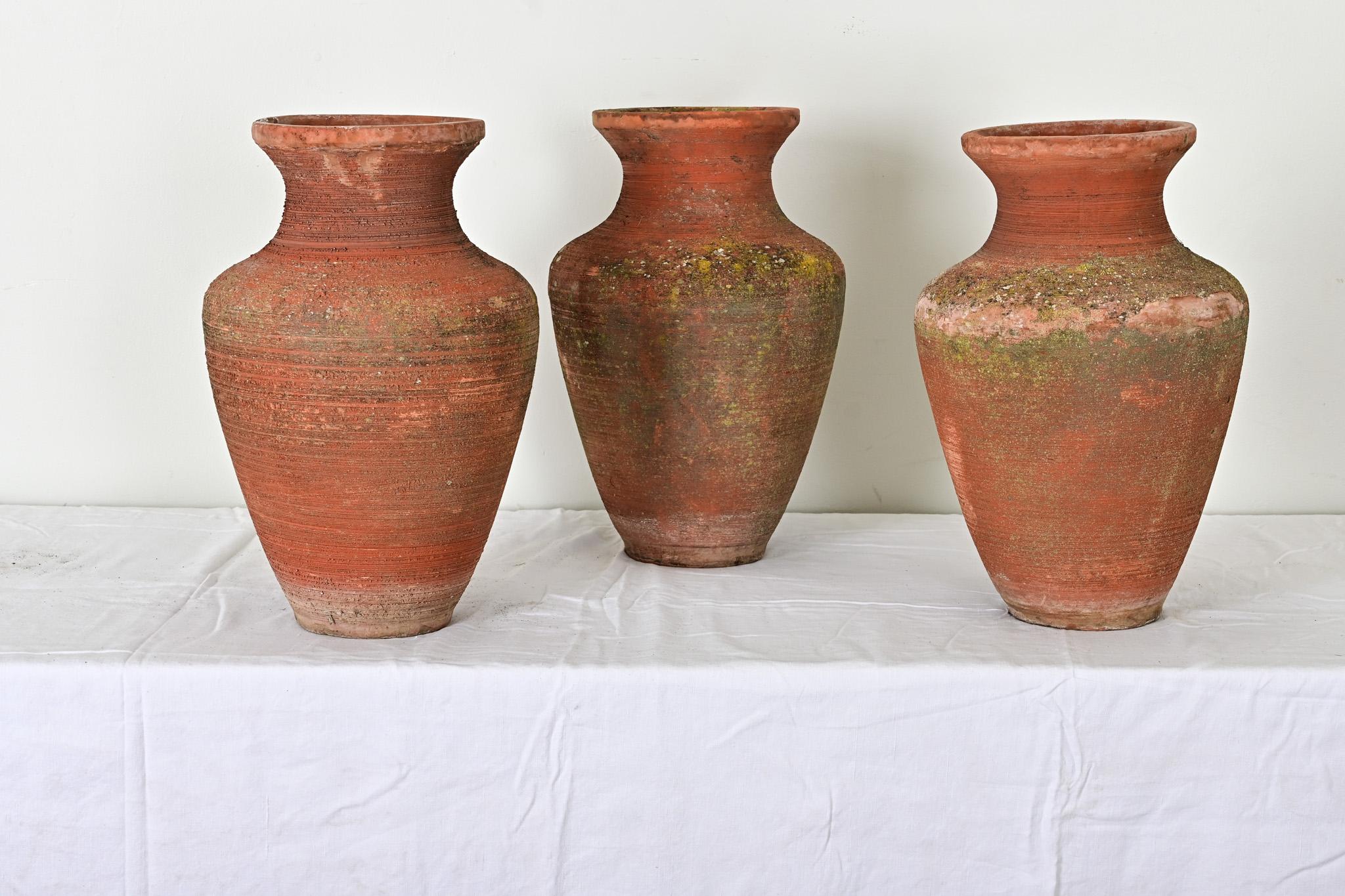 Un bellissimo set di tre vasi per piante d'ulivo in terracotta non smaltata proveniente dalla Turchia, intorno al 1930, dall'Inghilterra. Nel classico profilo dell'Amphora, ogni vaso ha una forma graziosamente curva, dal collo dell'apertura fino