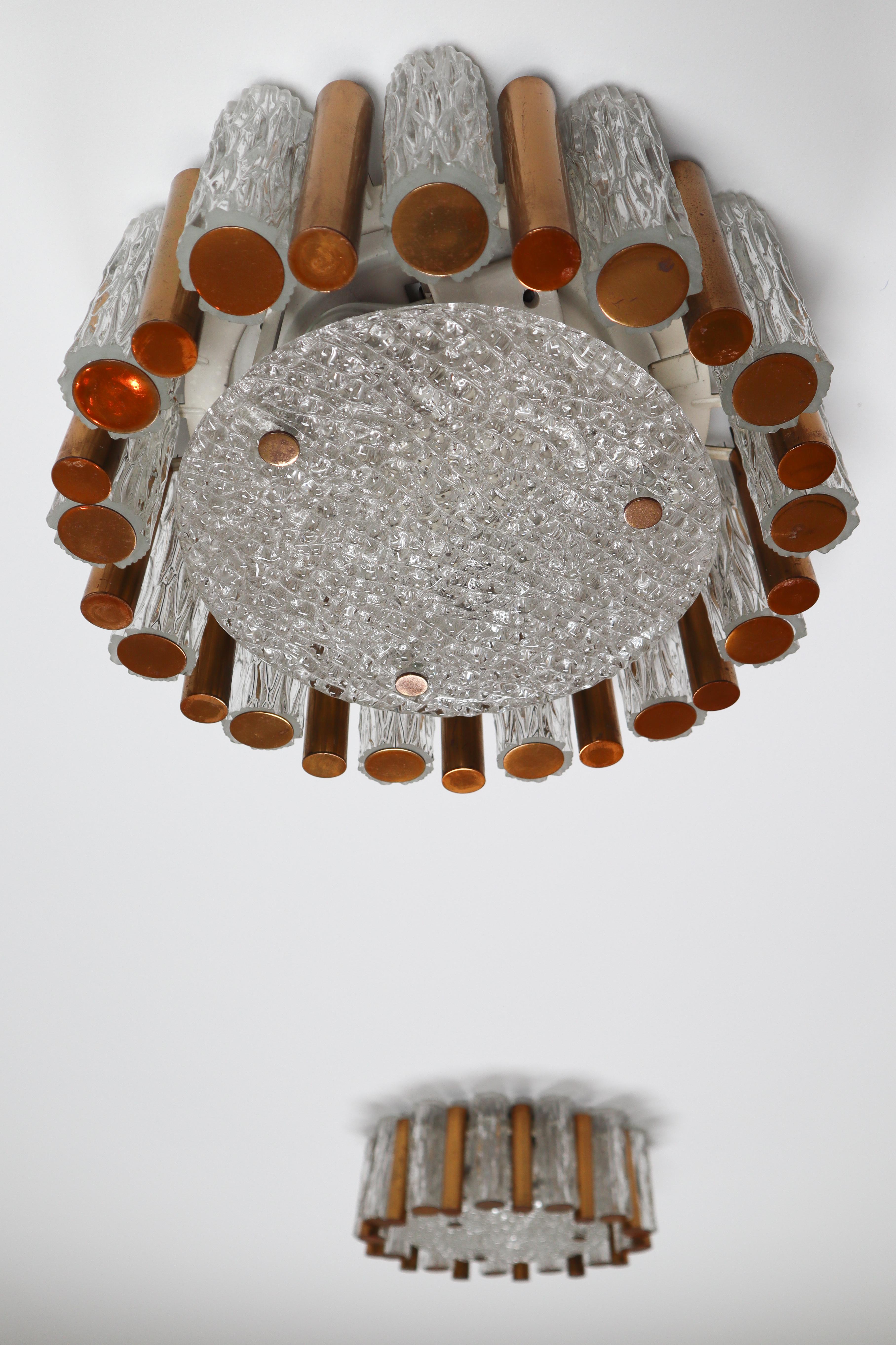 Brass Set of Three Textured Ice Glass Flush Mount Light Fixture by Kaiser Leuchten