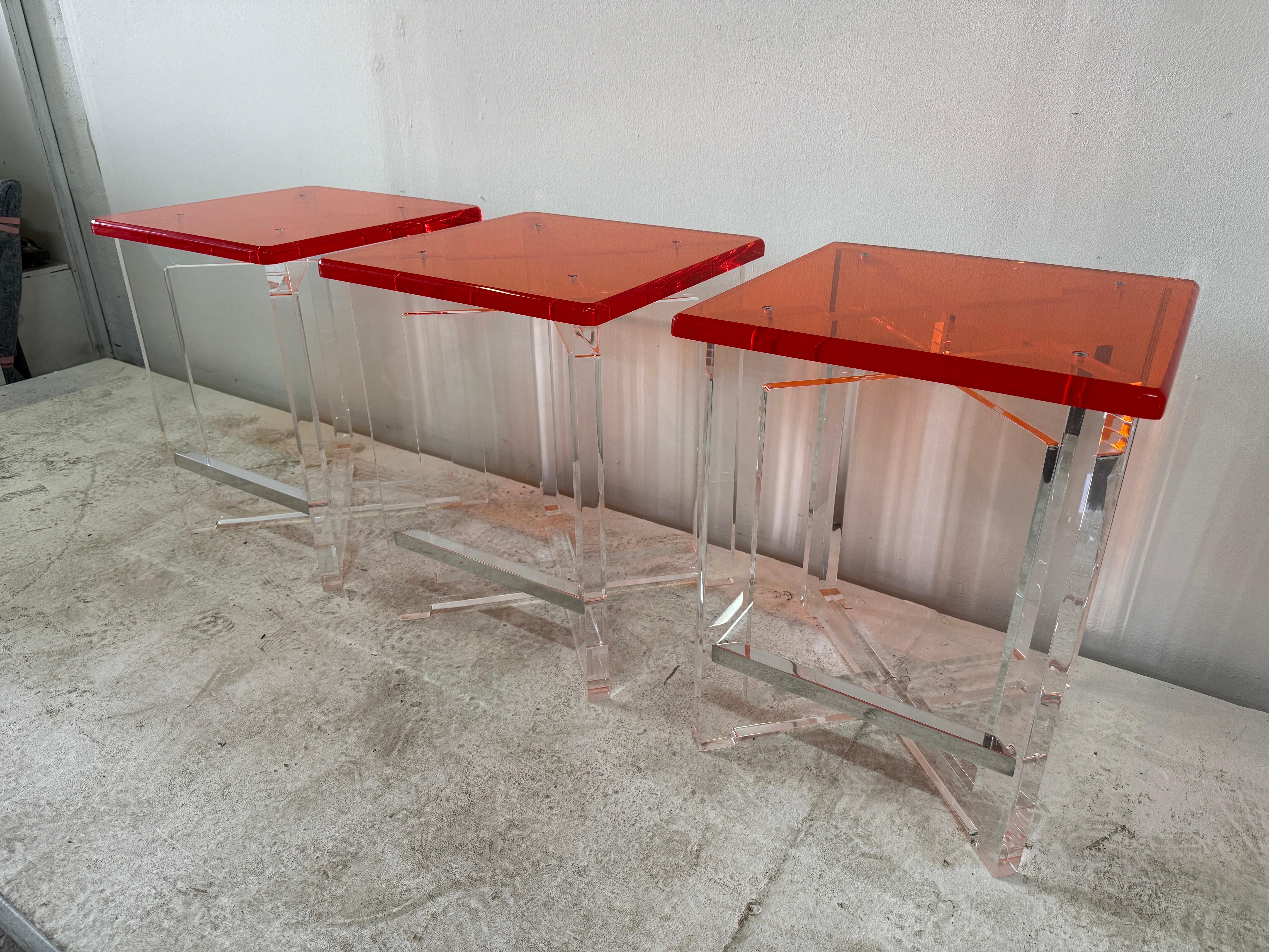 Set of Three Thick Orange & Clear Acrylic Counter Height Bar Stools For Sale 4