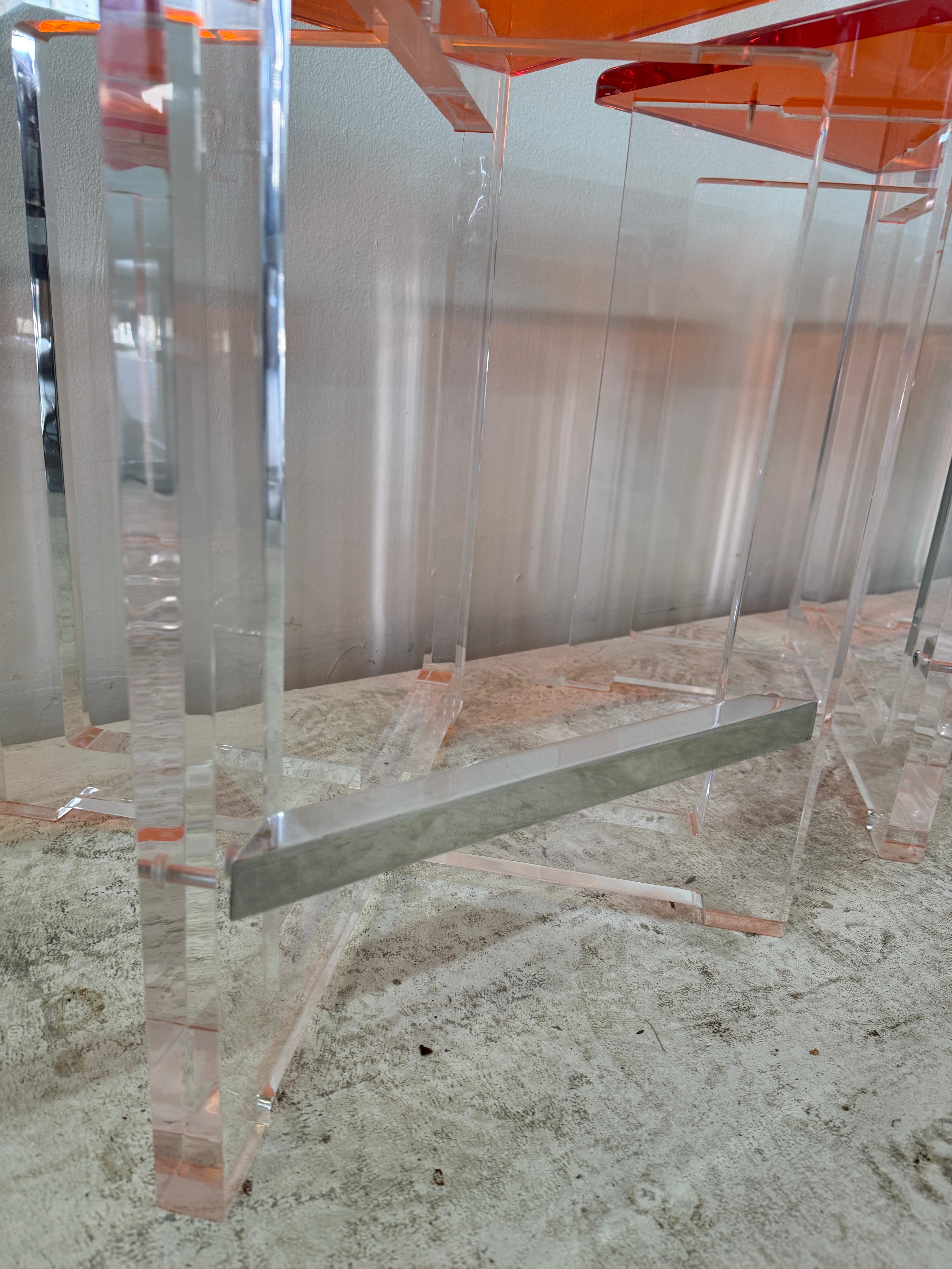 Set of Three Thick Orange & Clear Acrylic Counter Height Bar Stools For Sale 5