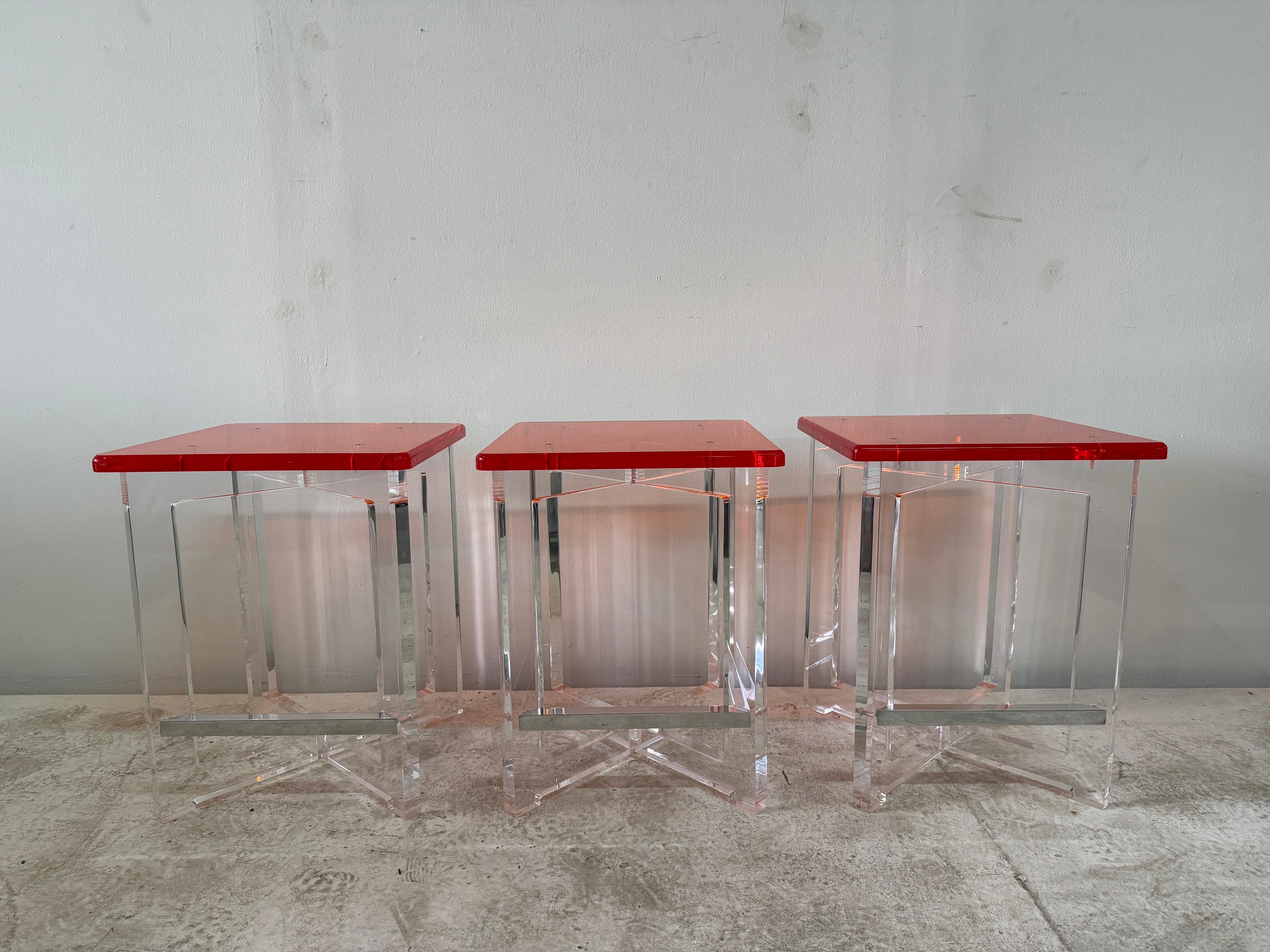 Set of Three Thick Orange & Clear Acrylic Counter Height Bar Stools For Sale 6
