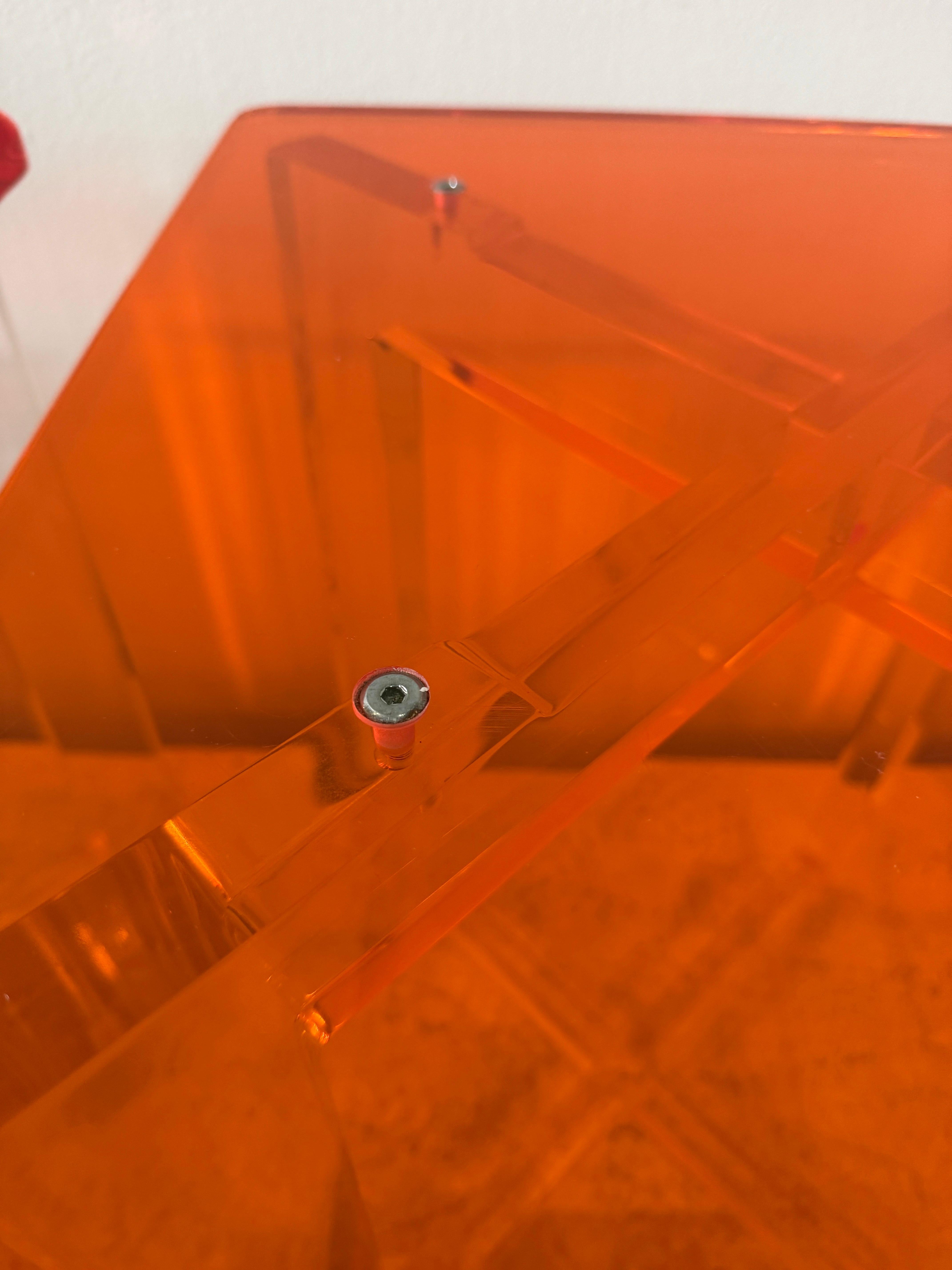 Set of Three Thick Orange & Clear Acrylic Counter Height Bar Stools For Sale 7