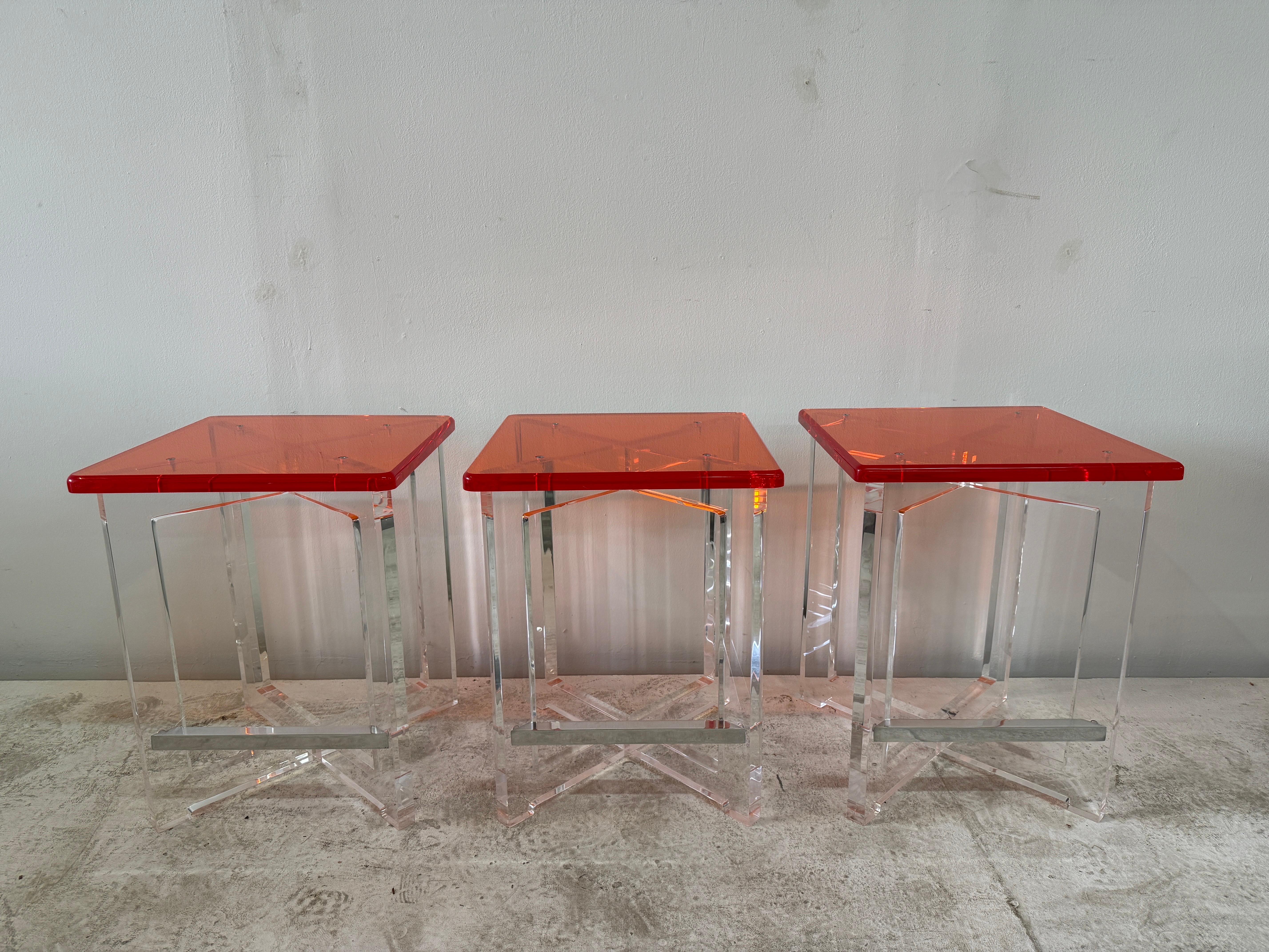 Set of Three Thick Orange & Clear Acrylic Counter Height Bar Stools For Sale 8