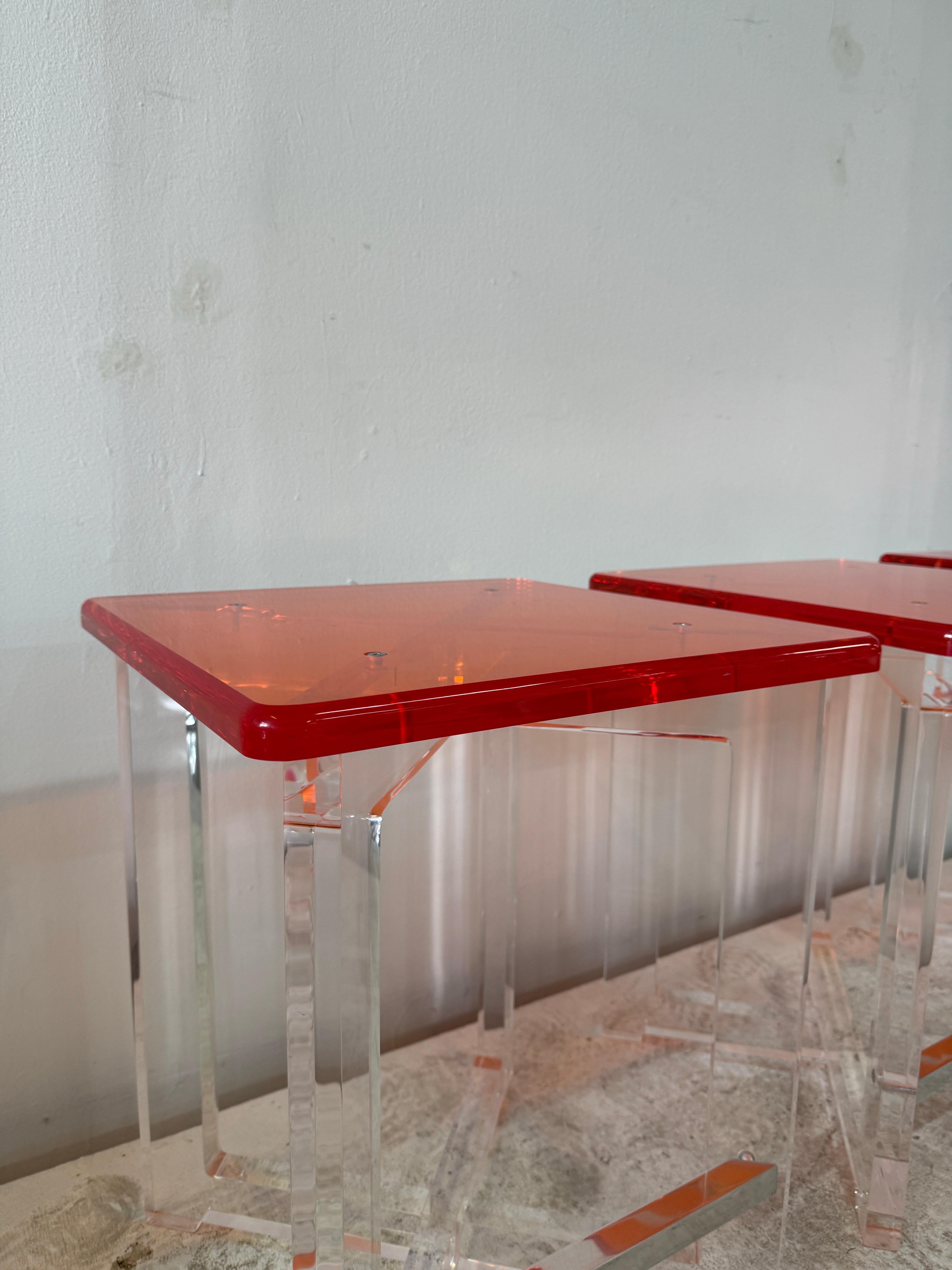 Set of Three Thick Orange & Clear Acrylic Counter Height Bar Stools For Sale 9
