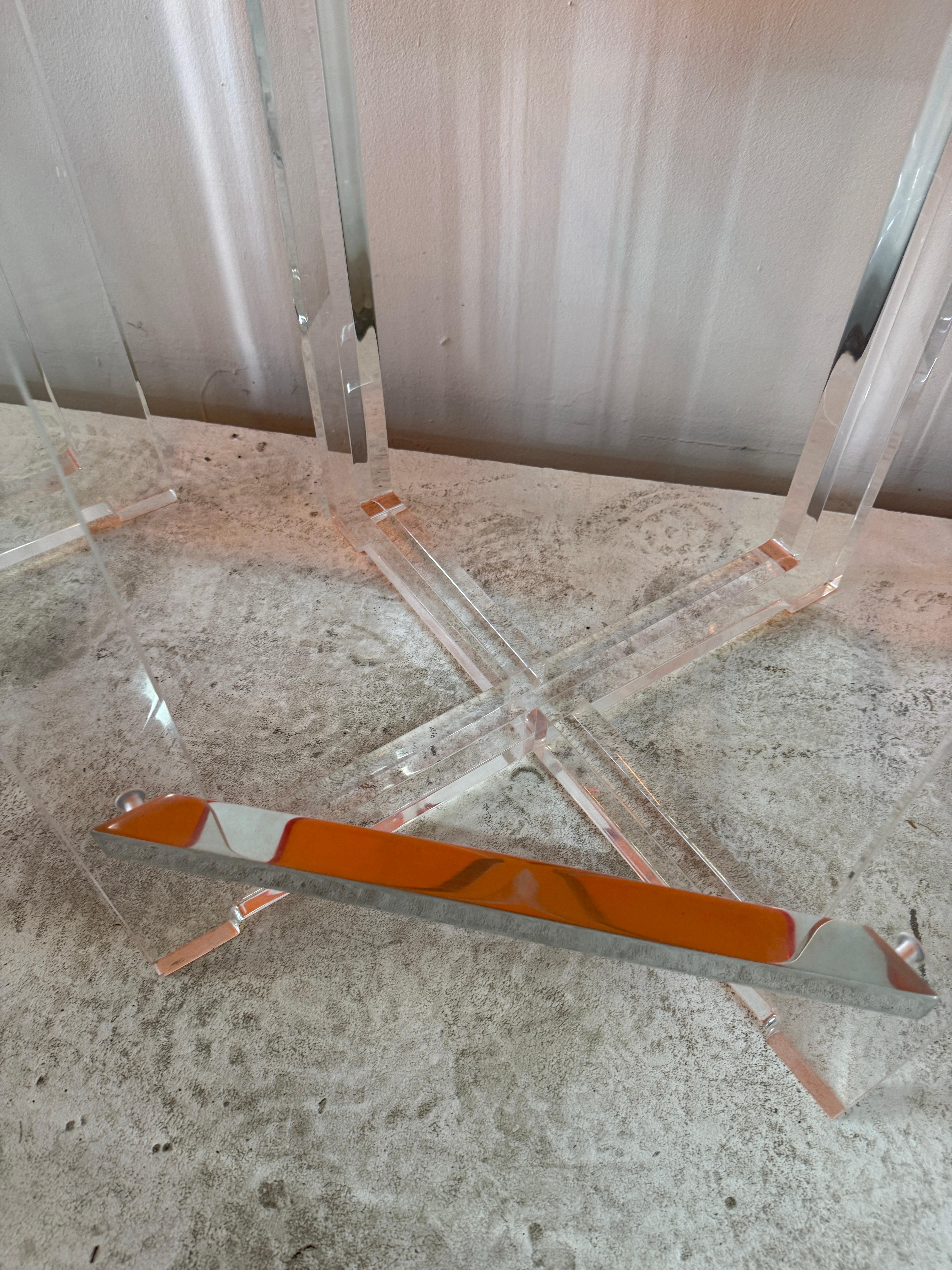 Post-Modern Set of Three Thick Orange & Clear Acrylic Counter Height Bar Stools For Sale