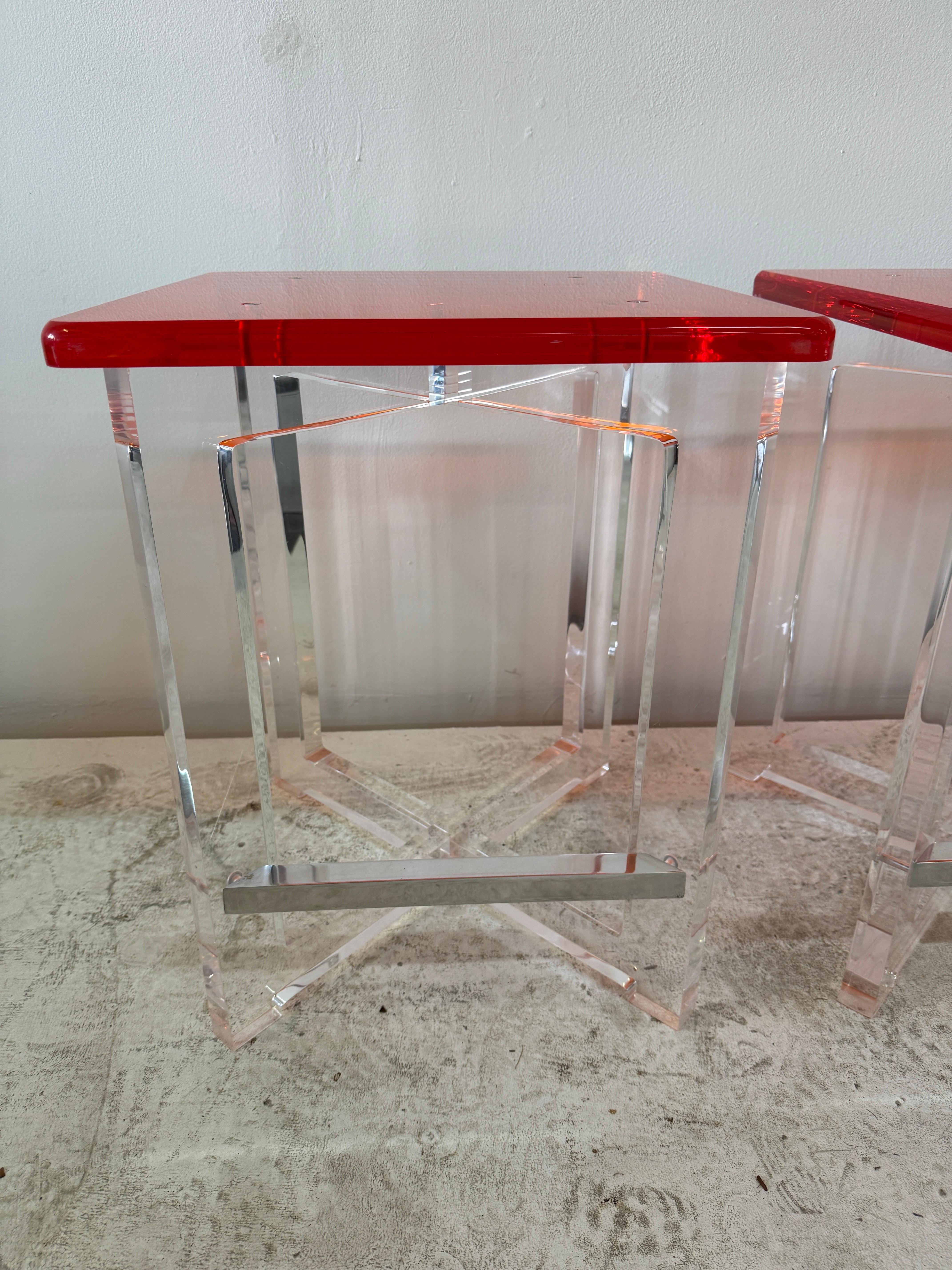 American Set of Three Thick Orange & Clear Acrylic Counter Height Bar Stools For Sale