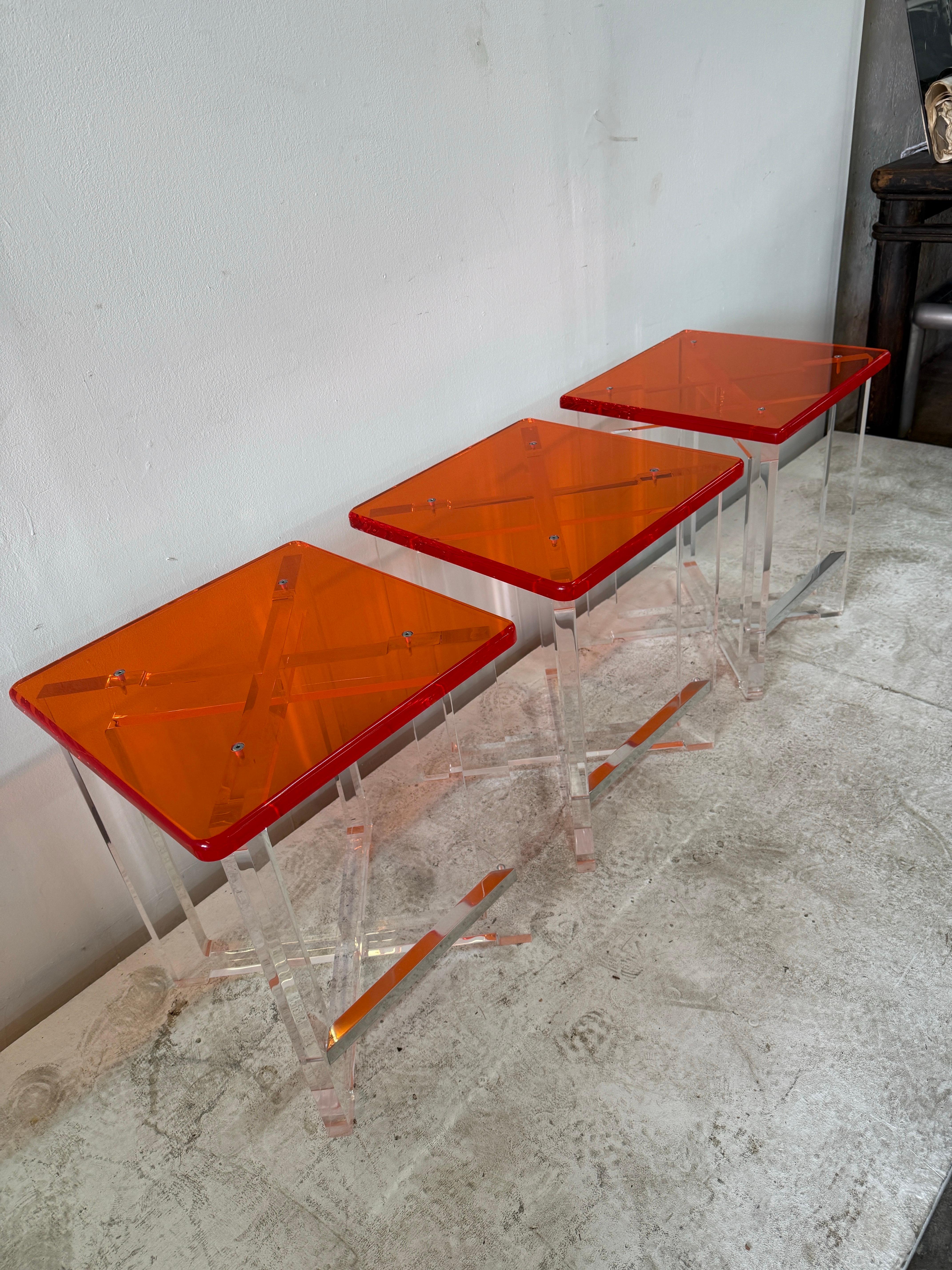 Set of Three Thick Orange & Clear Acrylic Counter Height Bar Stools In Good Condition For Sale In North Miami, FL