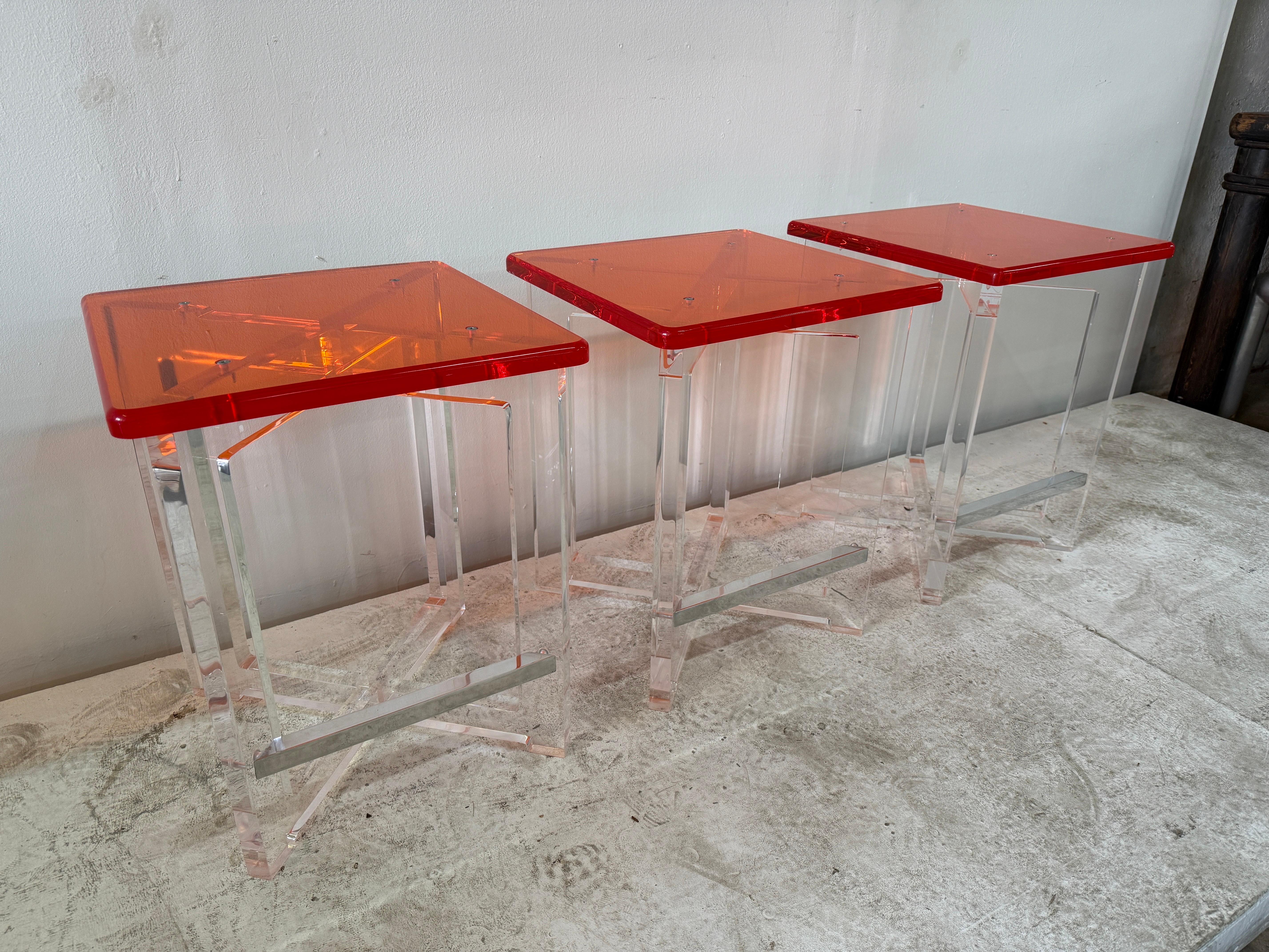 Set of Three Thick Orange & Clear Acrylic Counter Height Bar Stools For Sale 1