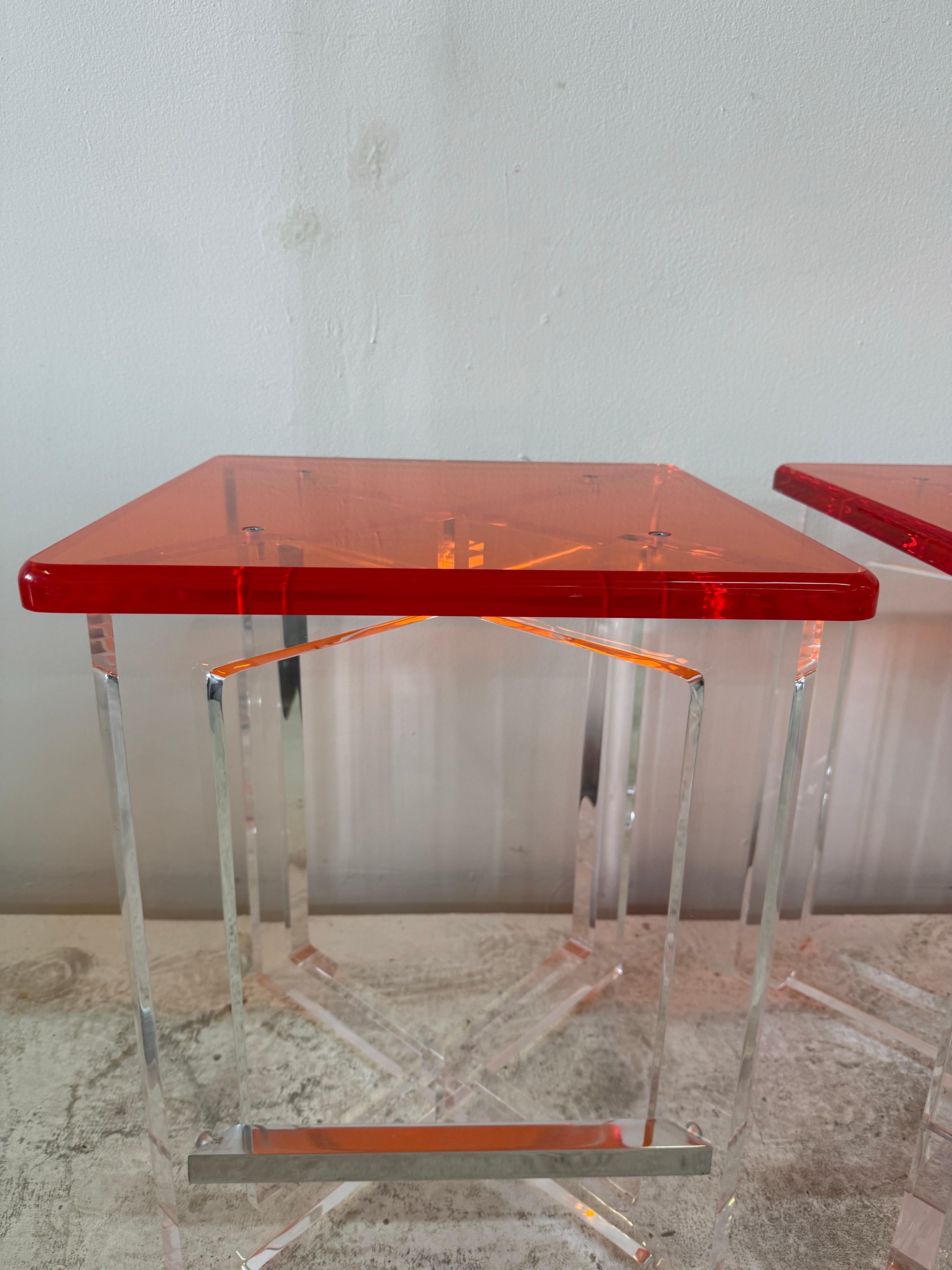 Set of Three Thick Orange & Clear Acrylic Counter Height Bar Stools For Sale 2