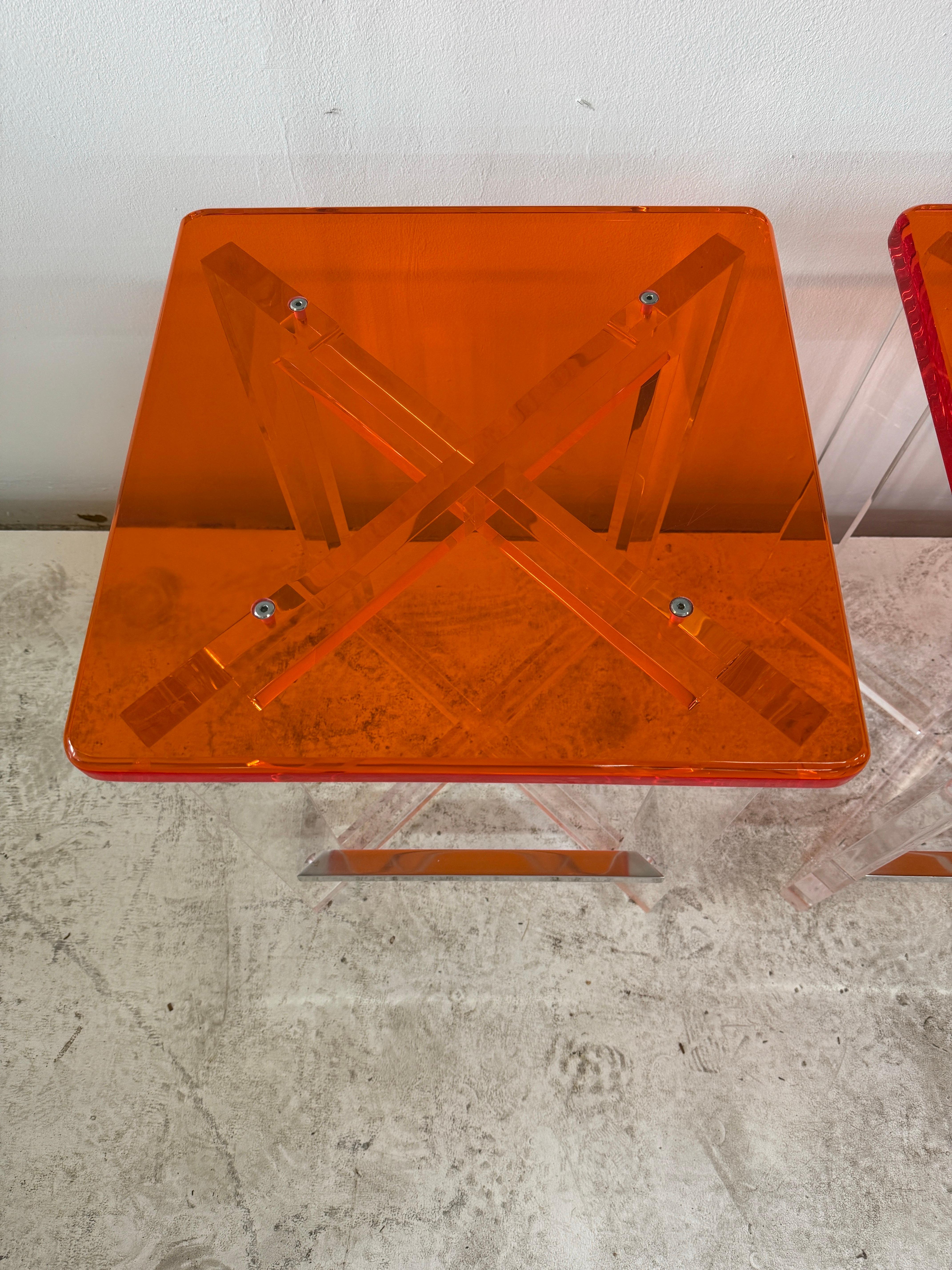 Set of Three Thick Orange & Clear Acrylic Counter Height Bar Stools For Sale 3