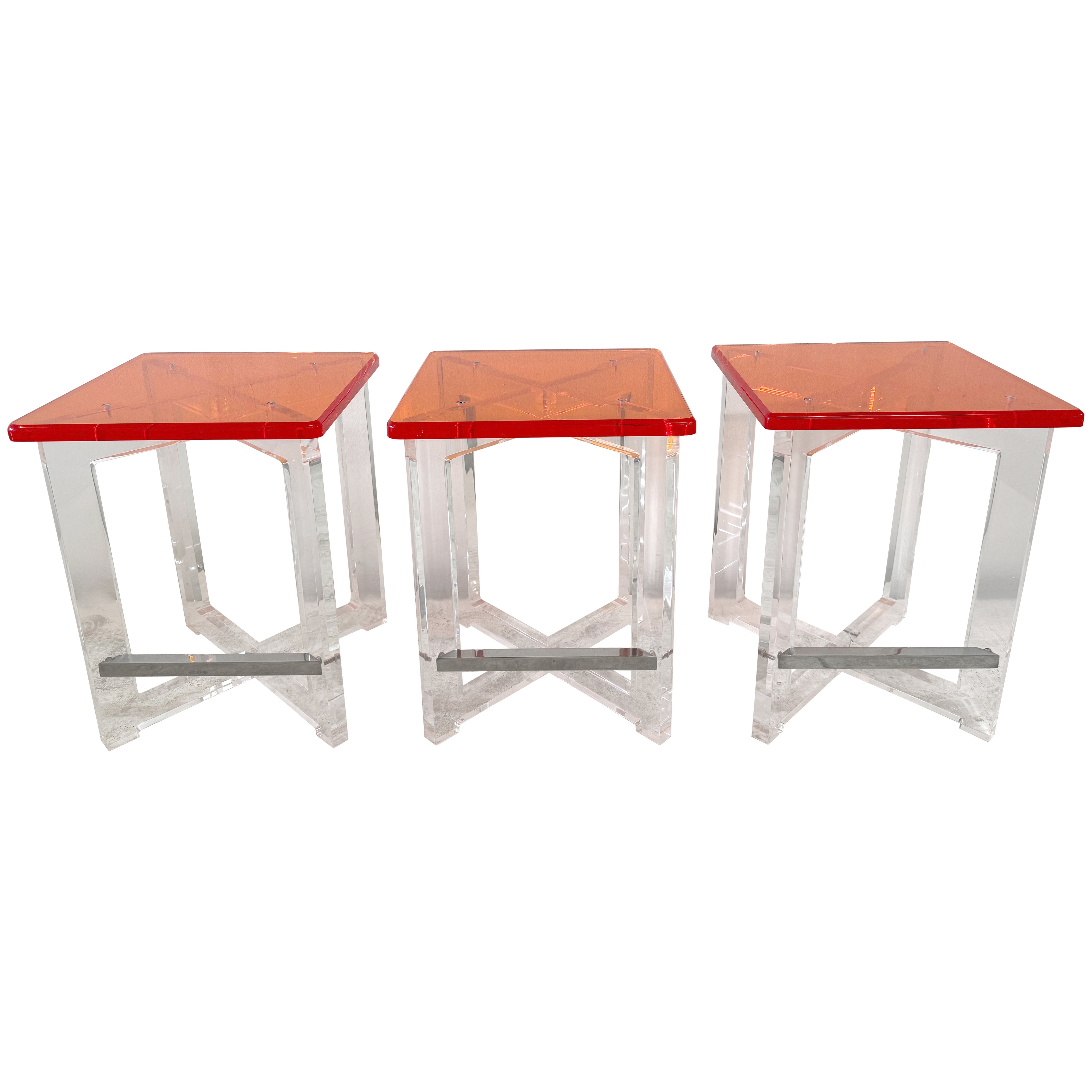 Set of Three Thick Orange & Clear Acrylic Counter Height Bar Stools For Sale
