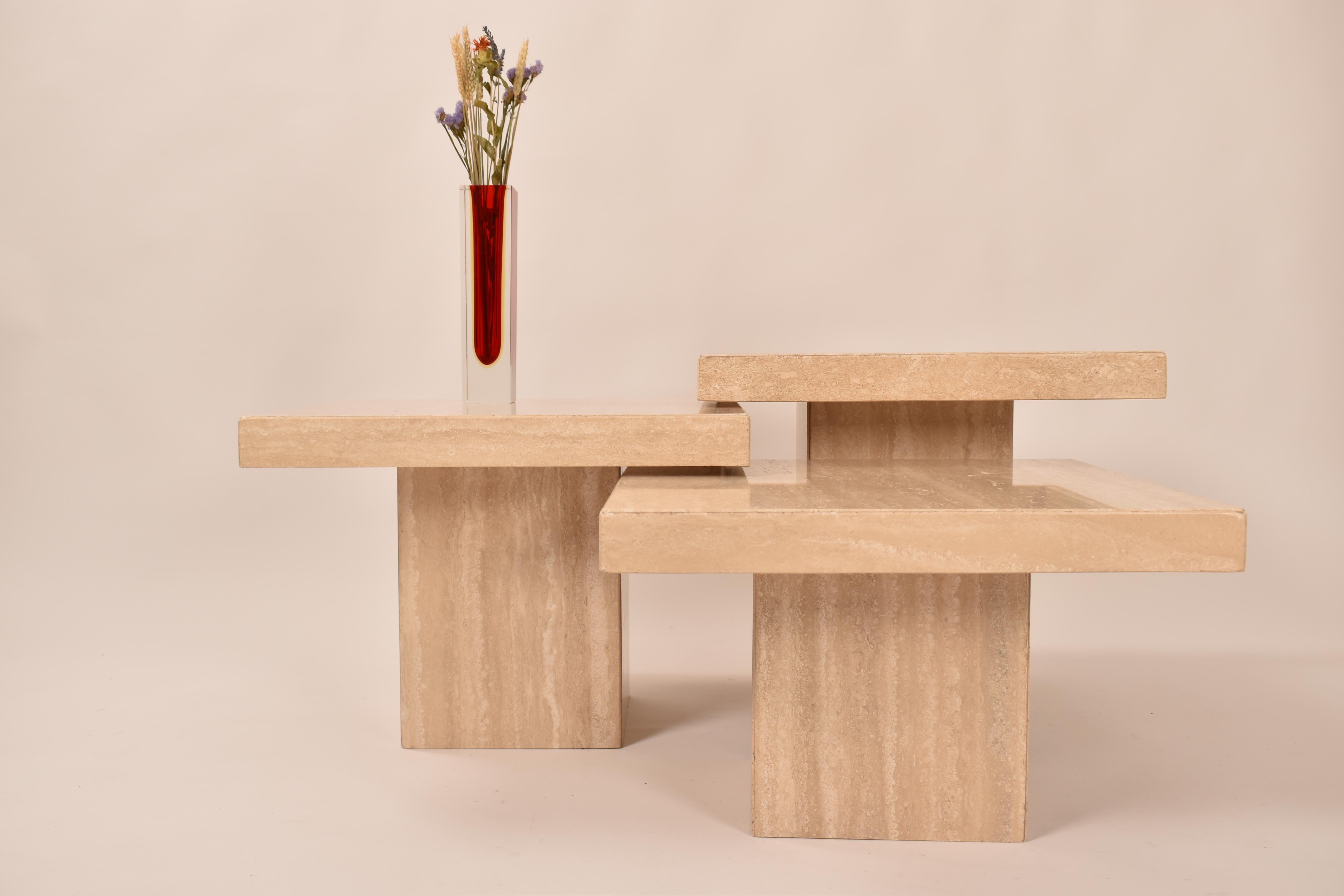 Set of Three Tiered Square Coffee Tables, in Cream Travertine, Italy, 1970 6