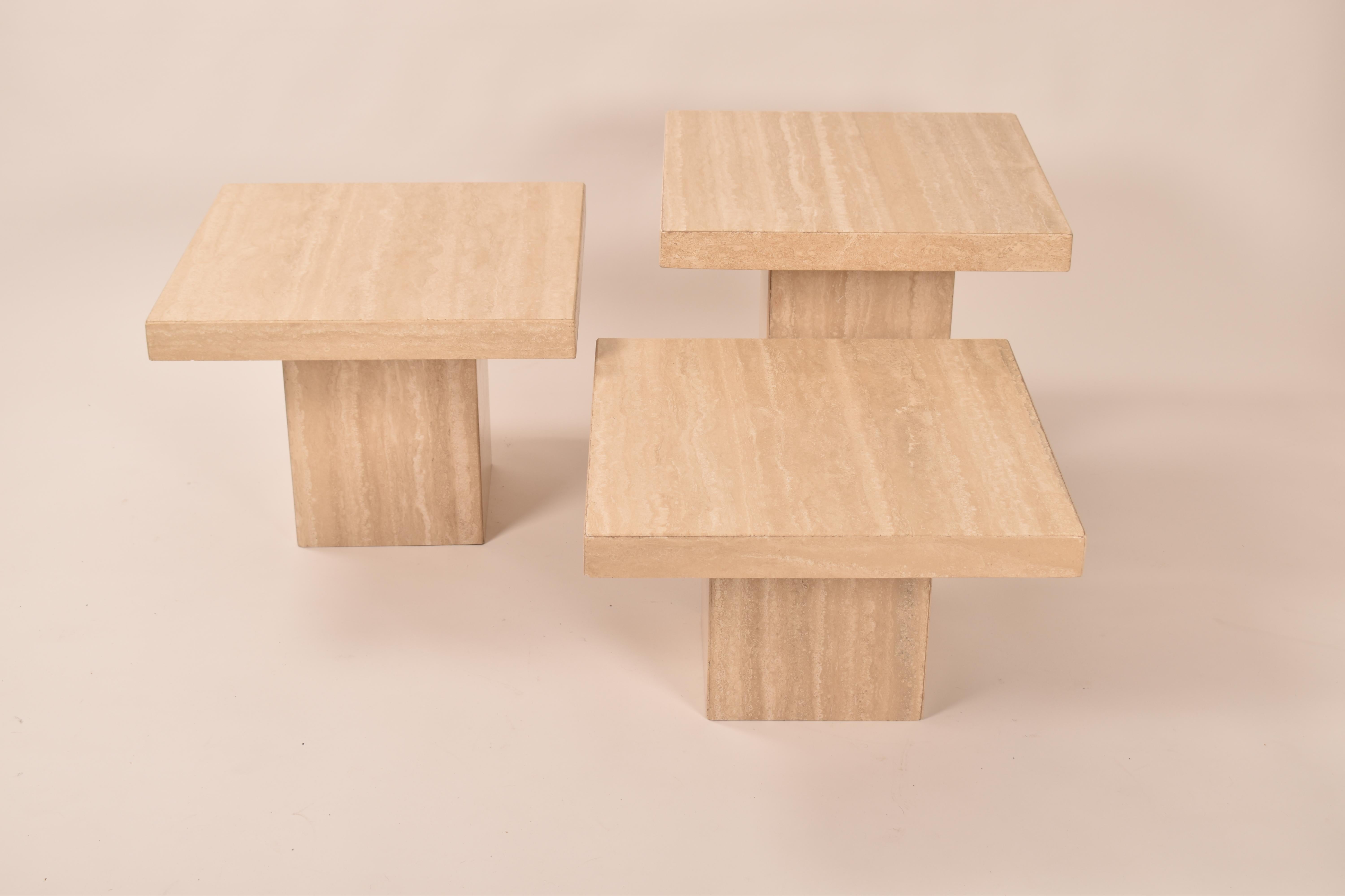 Post-Modern Set of Three Tiered Square Coffee Tables, in Cream Travertine, Italy, 1970