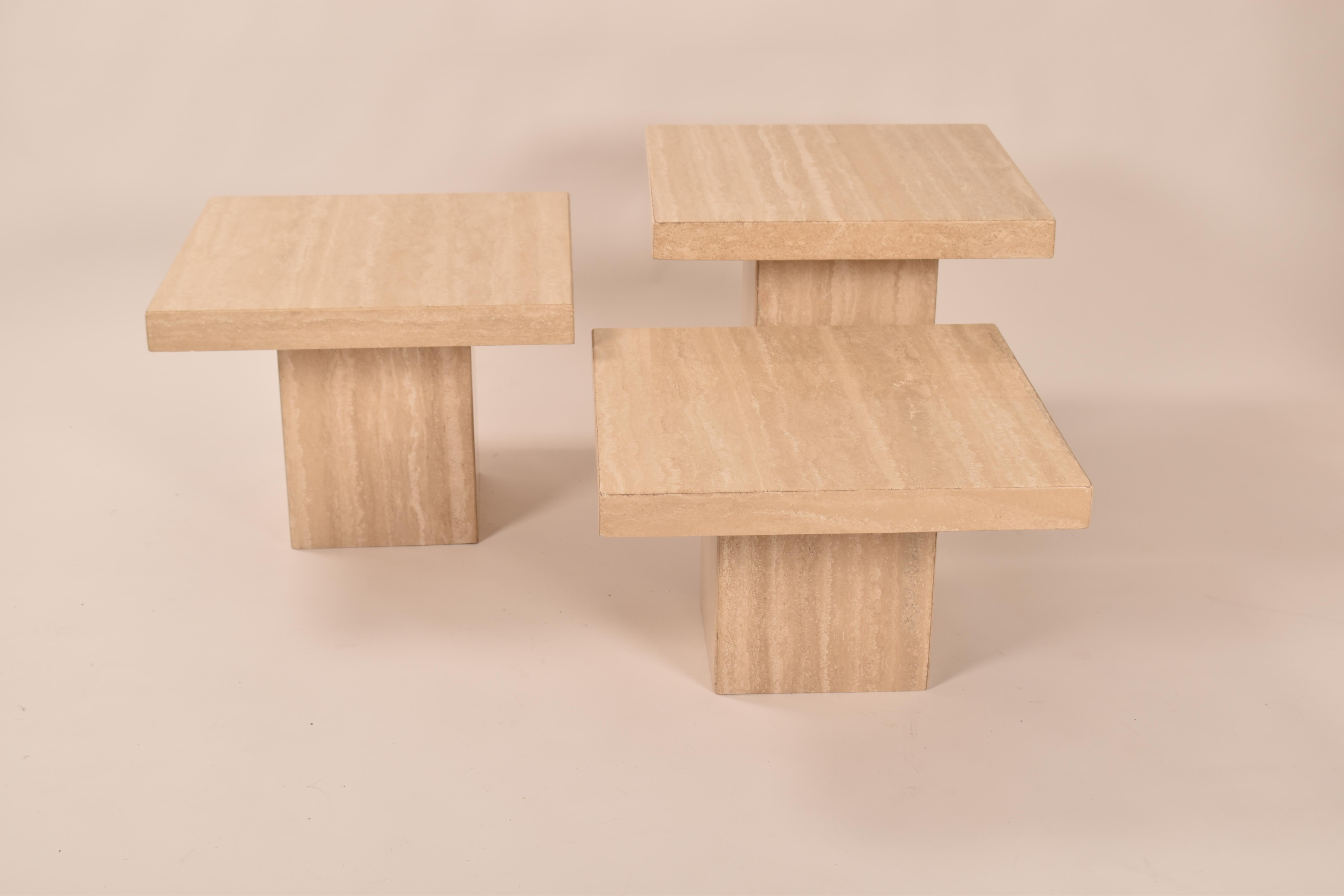 Italian Set of Three Tiered Square Coffee Tables, in Cream Travertine, Italy, 1970