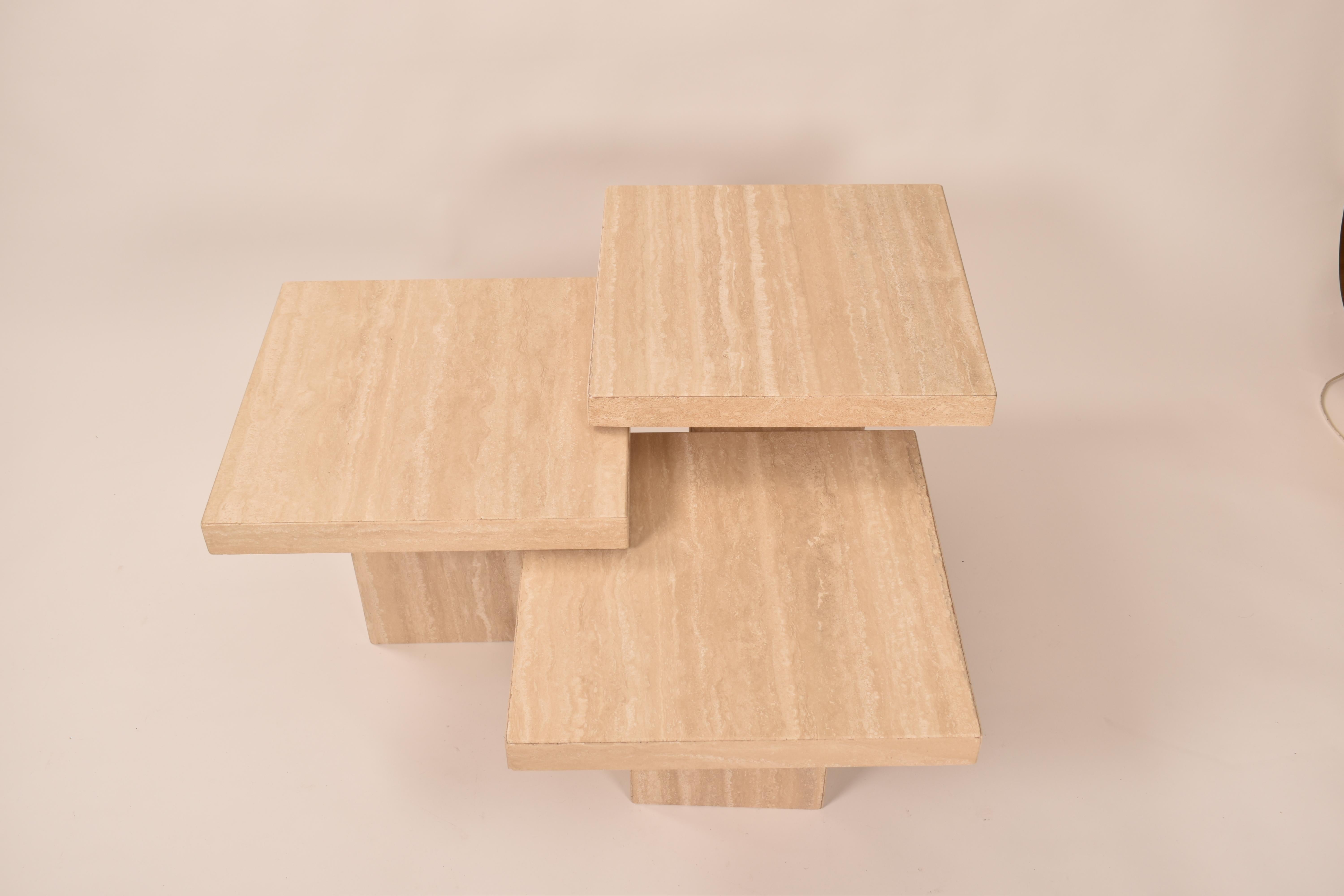 Set of Three Tiered Square Coffee Tables, in Cream Travertine, Italy, 1970 In Good Condition In Le Grand-Saconnex, CH