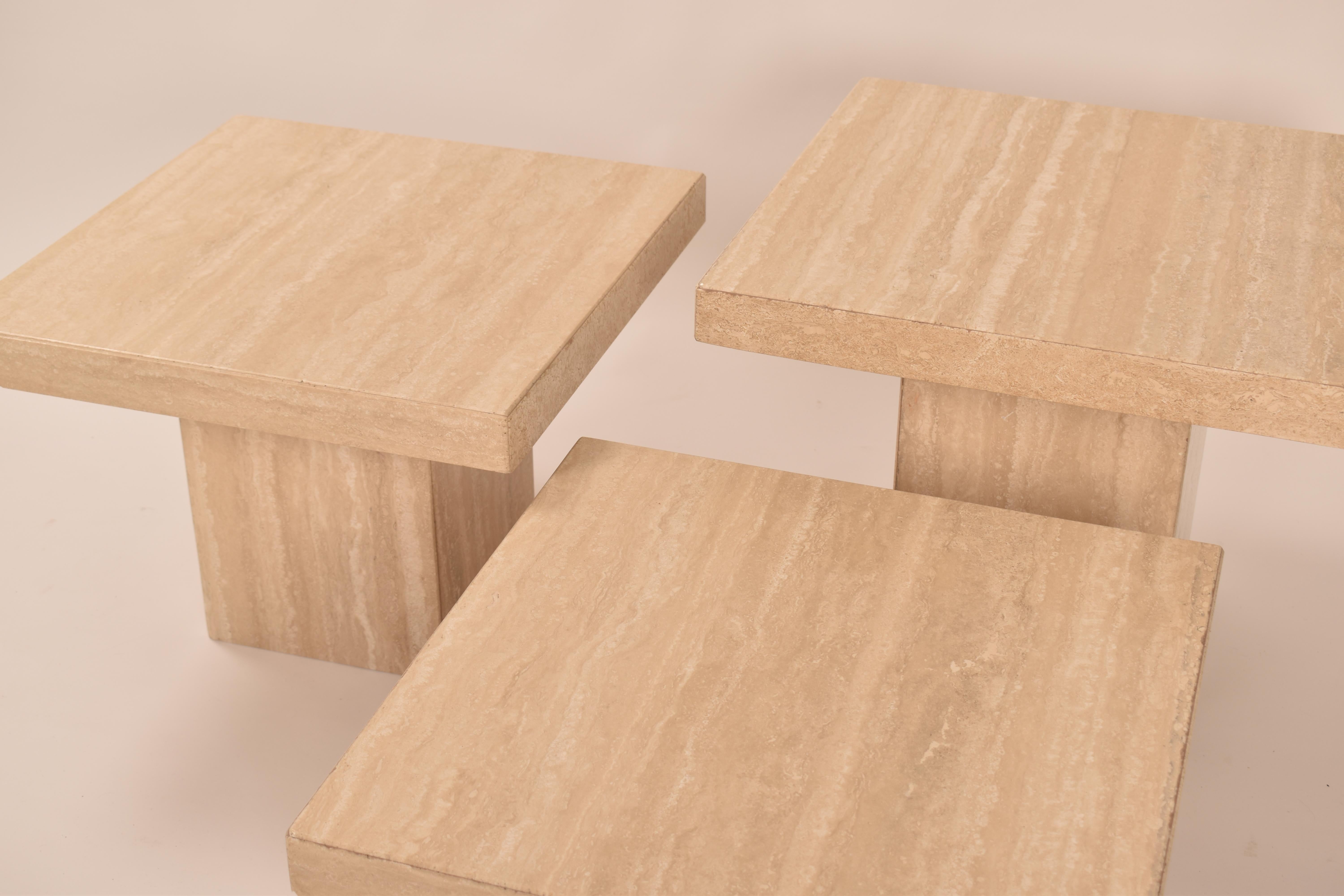 Late 20th Century Set of Three Tiered Square Coffee Tables, in Cream Travertine, Italy, 1970