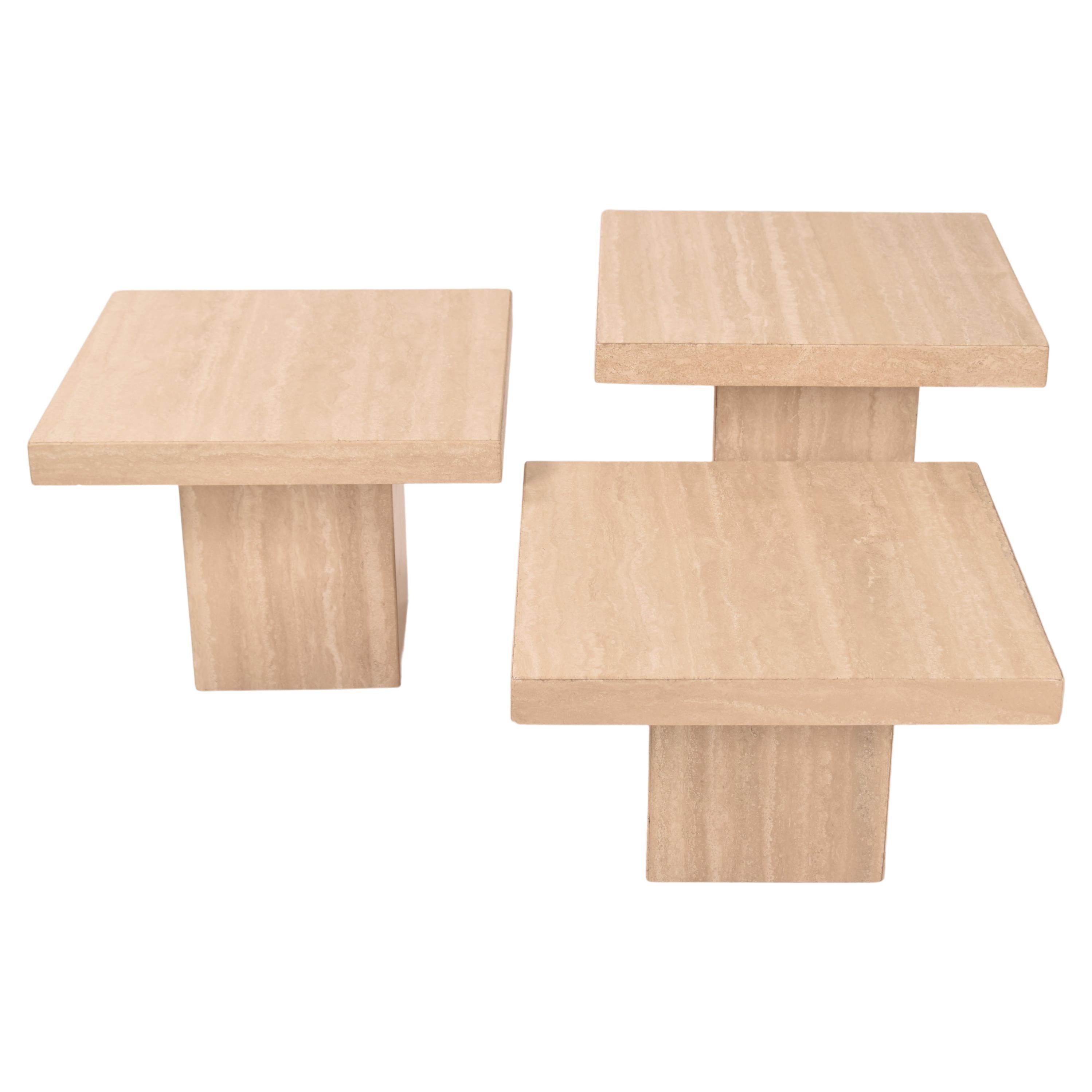 Set of Three Tiered Square Coffee Tables, in Cream Travertine, Italy, 1970