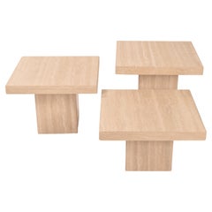 Set of Three Tiered Square Coffee Tables, in Cream Travertine, Italy, 1970
