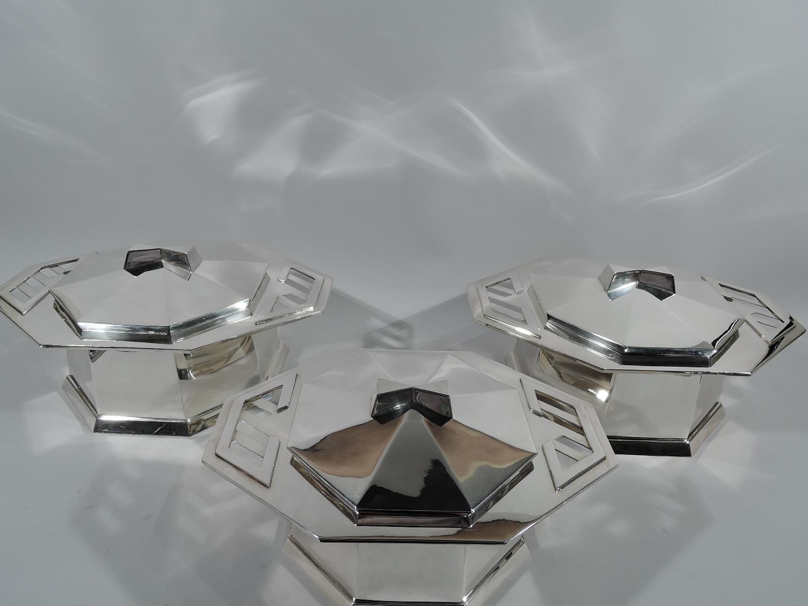 American Craftsman Set of Three Tiffany Sterling Silver Covered Tureens by Frank Lloyd Wright