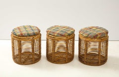 Set of Three Tito Agnoli Cane Stools w/ Danish Wool Plaid Cushions & Storage