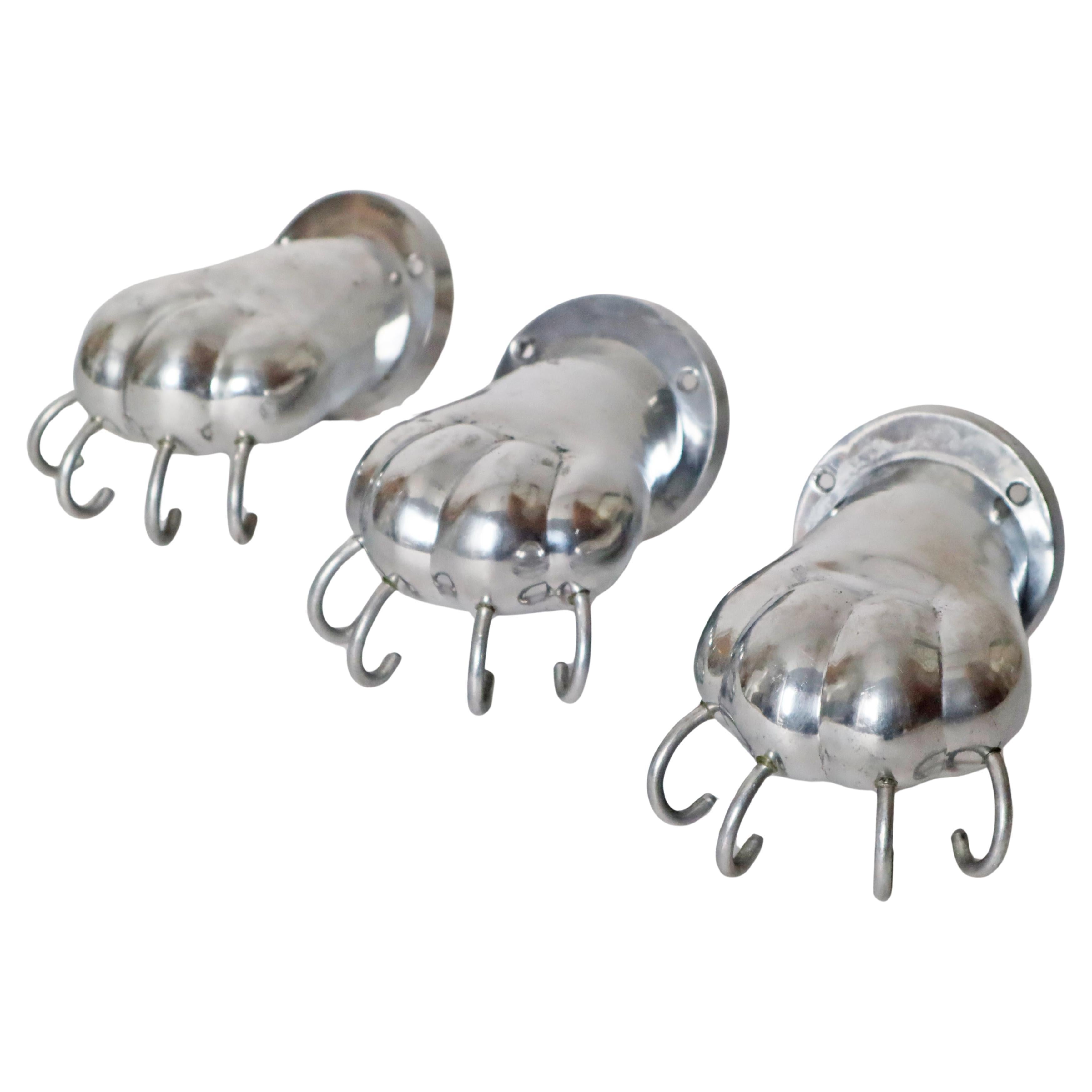 Set of three Towel Holders in the shape of Lion Paws made of Polished Aluminum