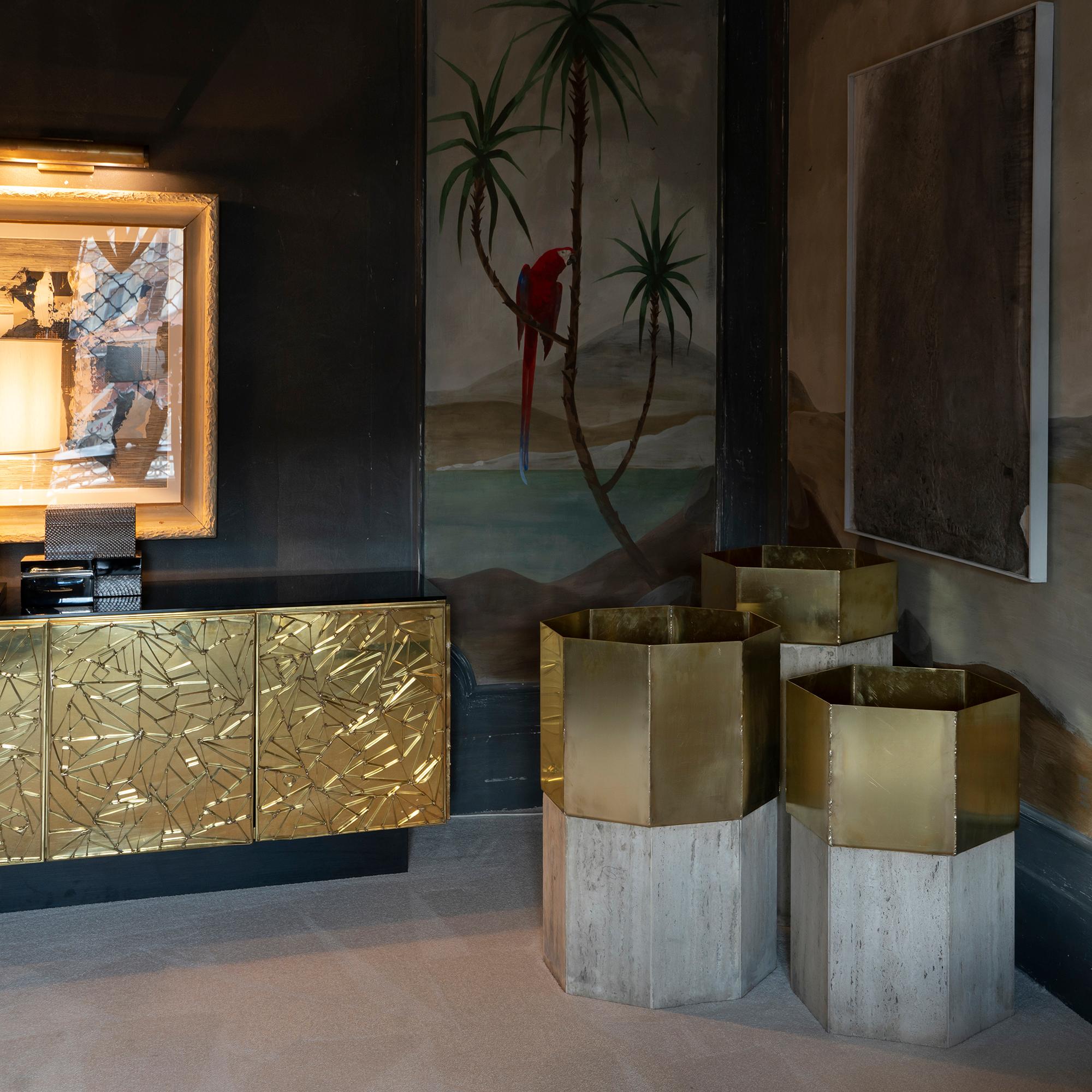 Set of Three Travertine and Natural Brass Planter, Italy, 1970s 8