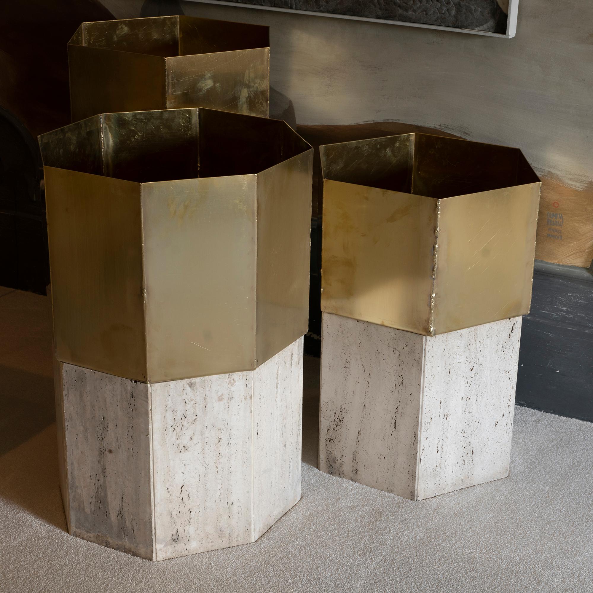 Italian Set of Three Travertine and Natural Brass Planter, Italy, 1970s