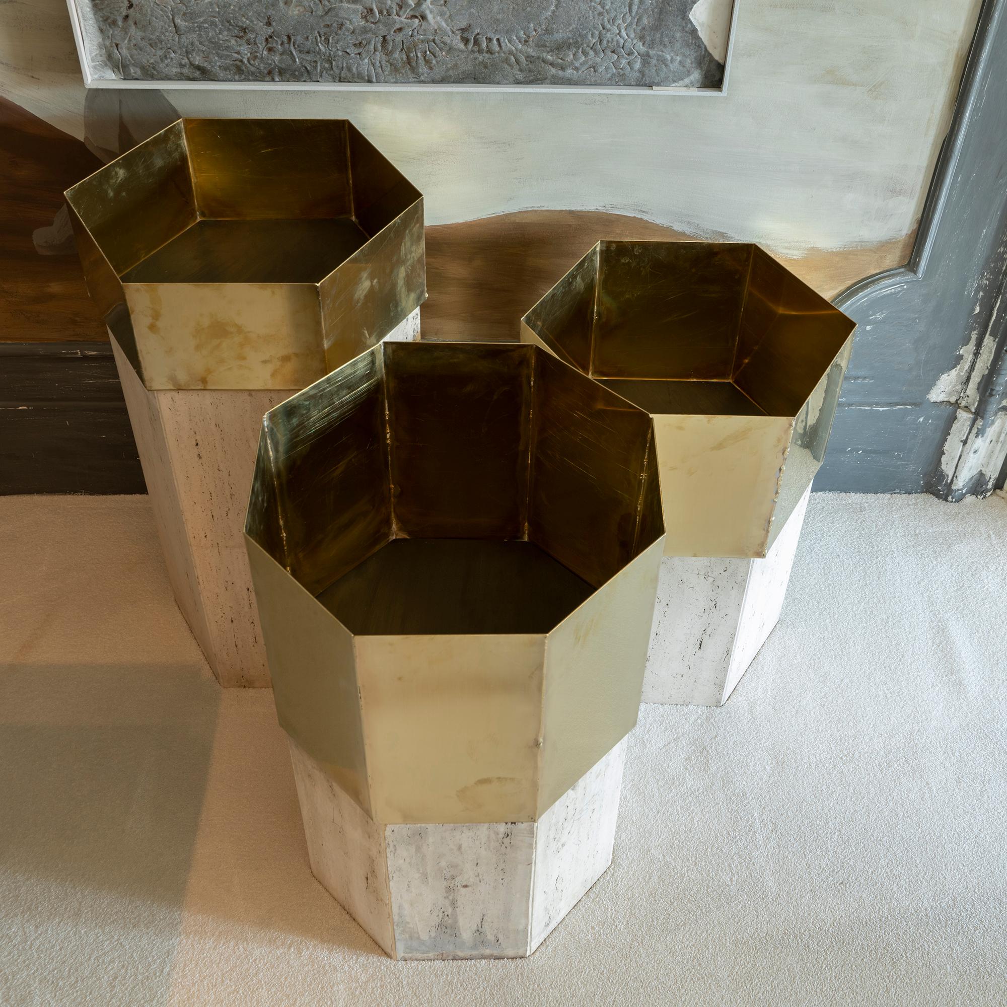 Late 20th Century Set of Three Travertine and Natural Brass Planter, Italy, 1970s