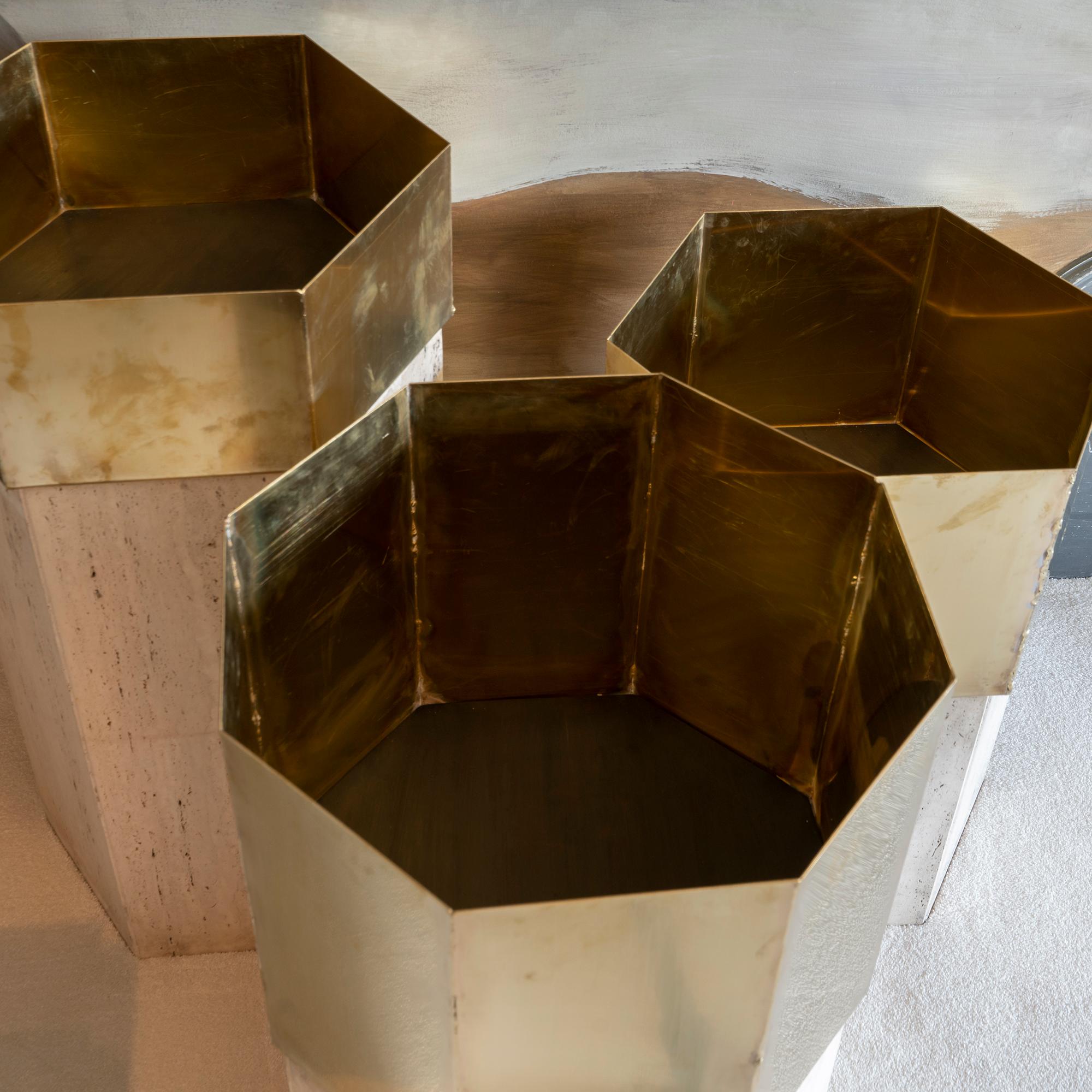Set of Three Travertine and Natural Brass Planter, Italy, 1970s 1