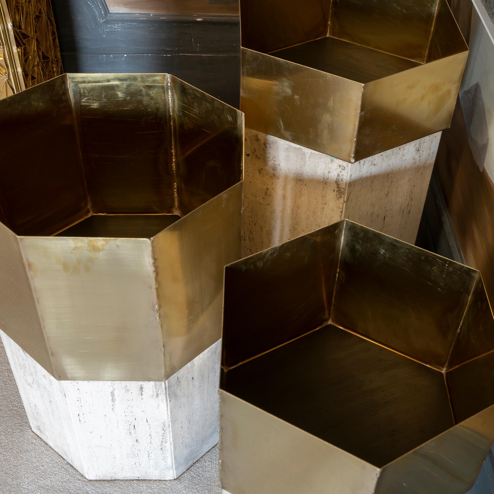 Set of Three Travertine and Natural Brass Planter, Italy, 1970s 2