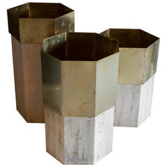 Set of Three Travertine and Natural Brass Planter, Italy, 1970s