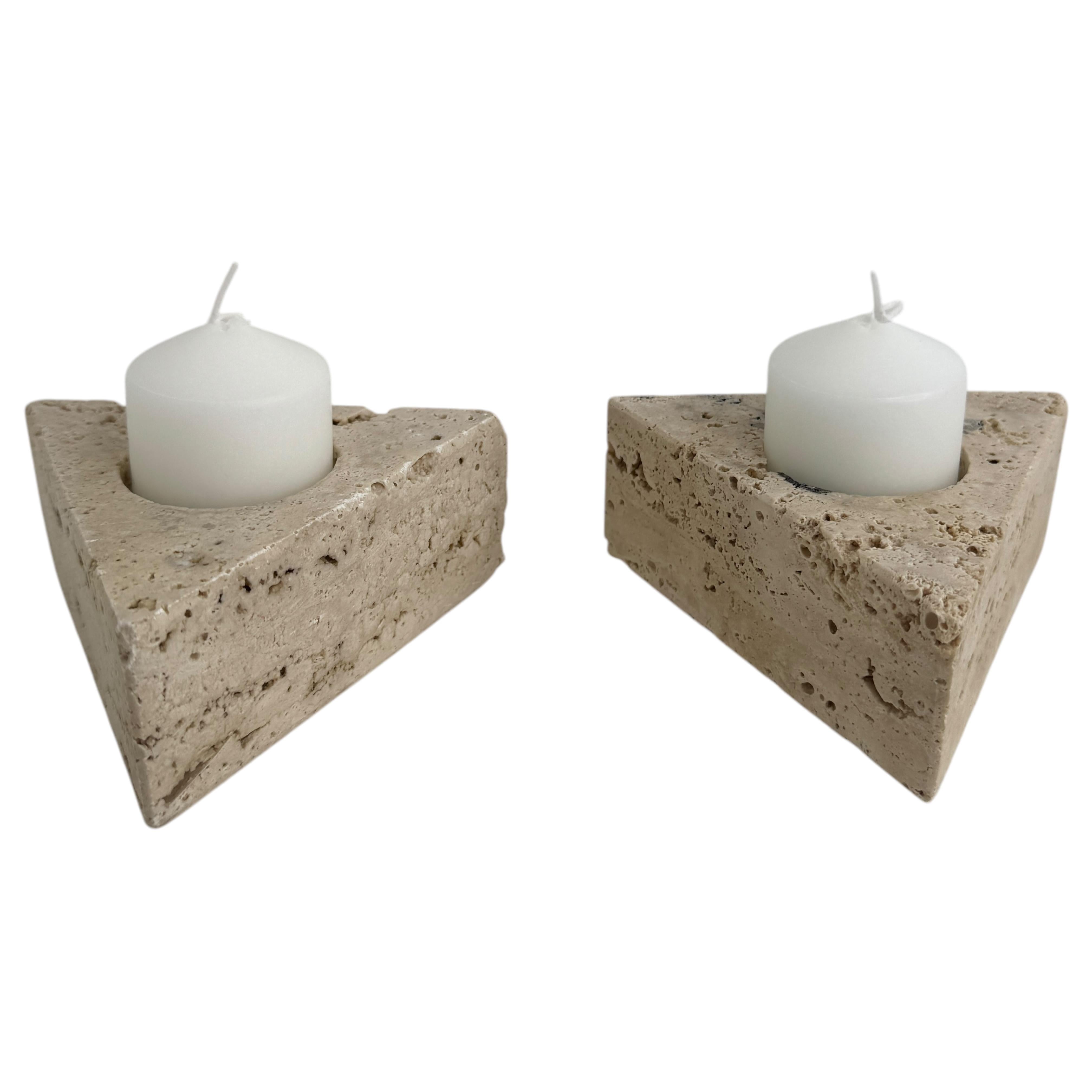 Brutalist Set of Three Travertine Candle Holder by Fratelli Mannelli, Italy 1970s For Sale