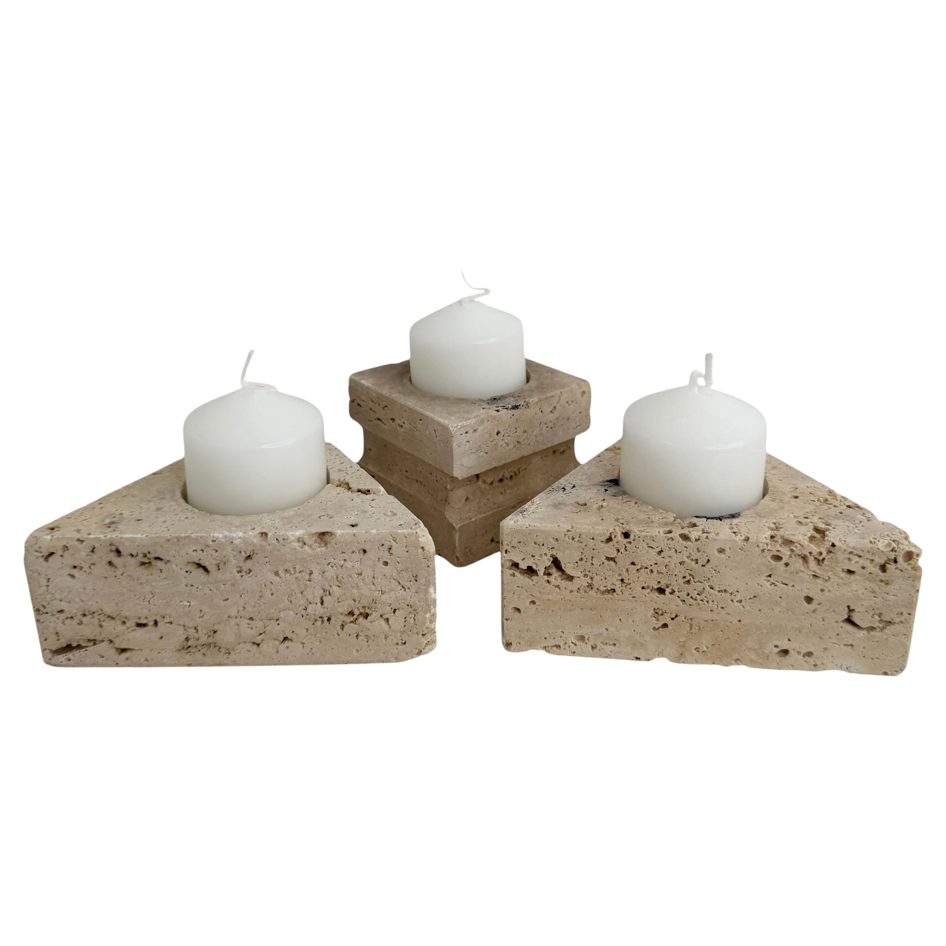 Set of Three Travertine Candle Holder by Fratelli Mannelli, Italy 1970s