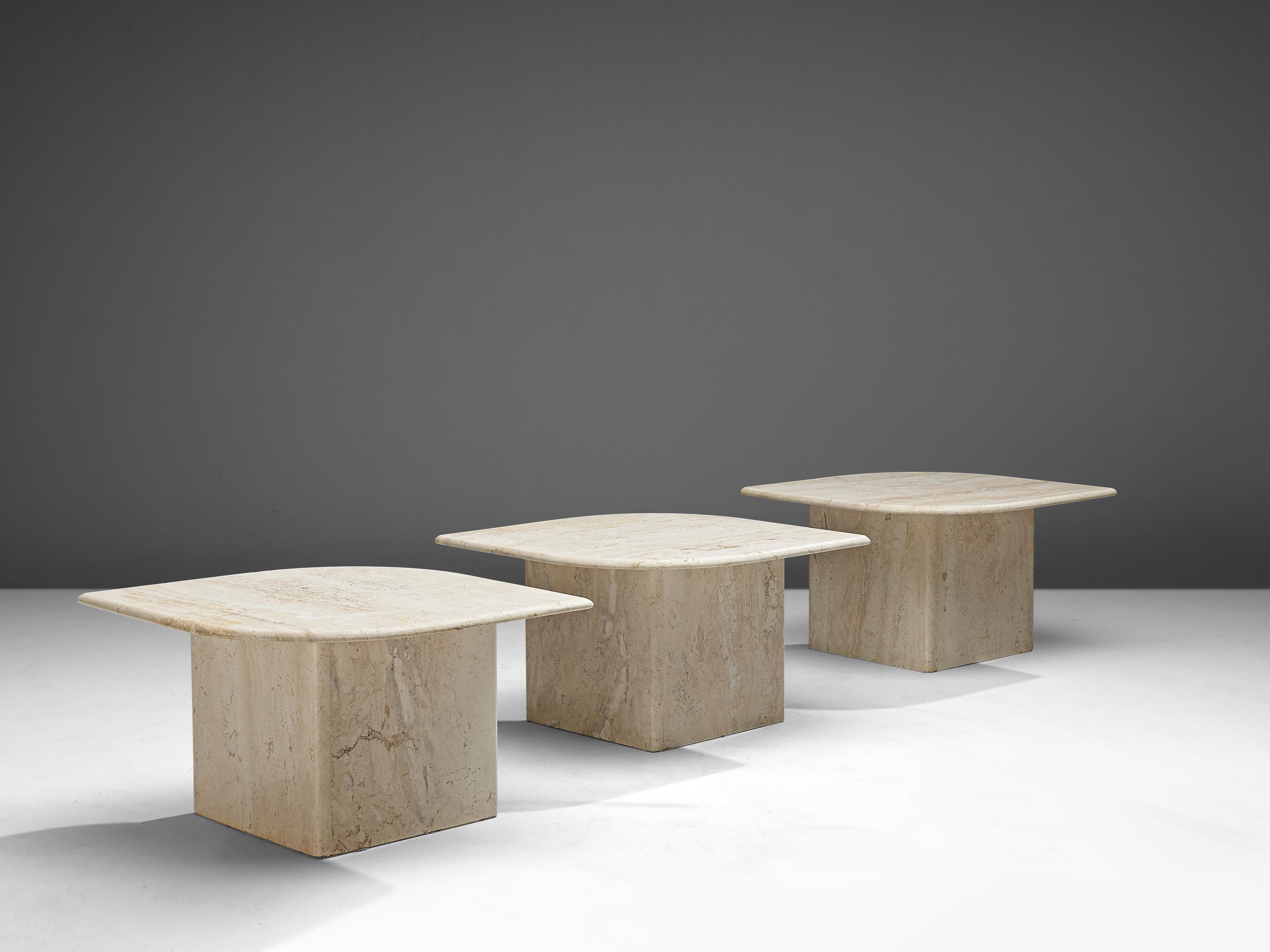Italian Set of Three Travertine Coffee Tables with Eye-Shaped Top