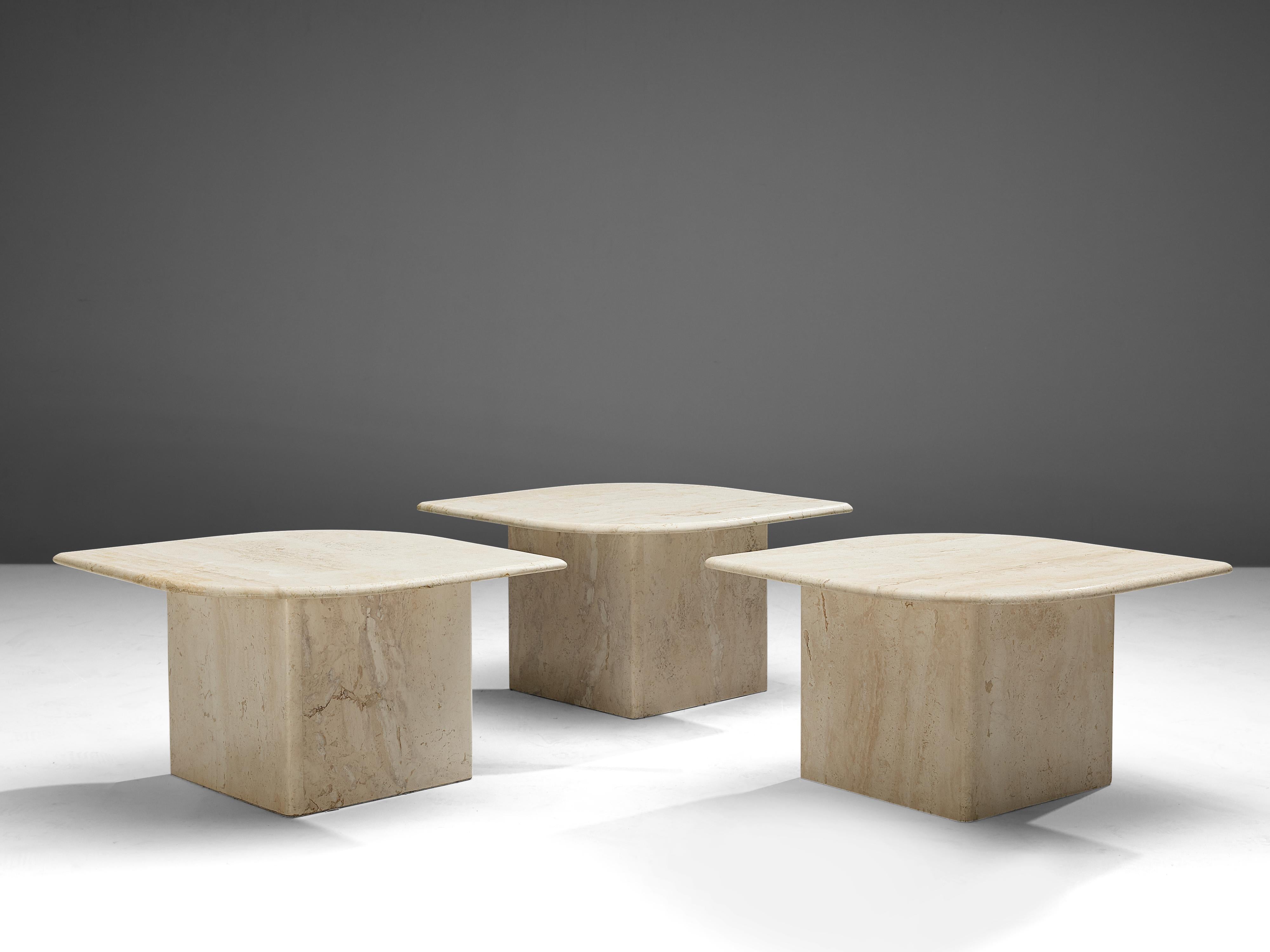 Late 20th Century Set of Three Travertine Coffee Tables with Eye-Shaped Top
