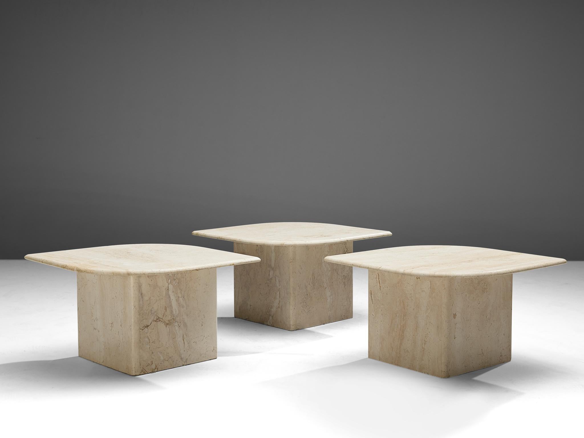 Post-Modern Set of Three Travertine Coffee Tables with Leaf Shaped Tops