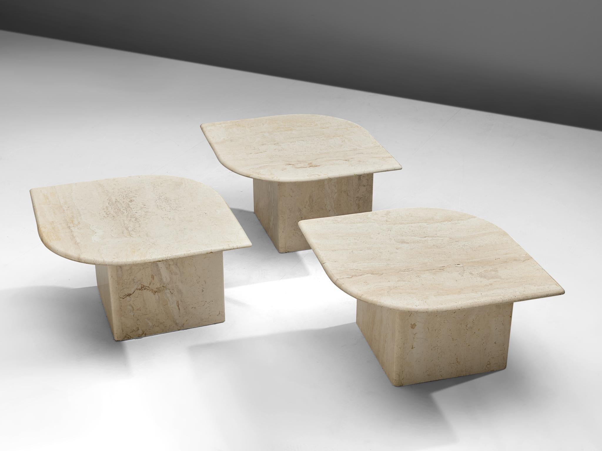 Italian Set of Three Travertine Coffee Tables with Leaf Shaped Tops