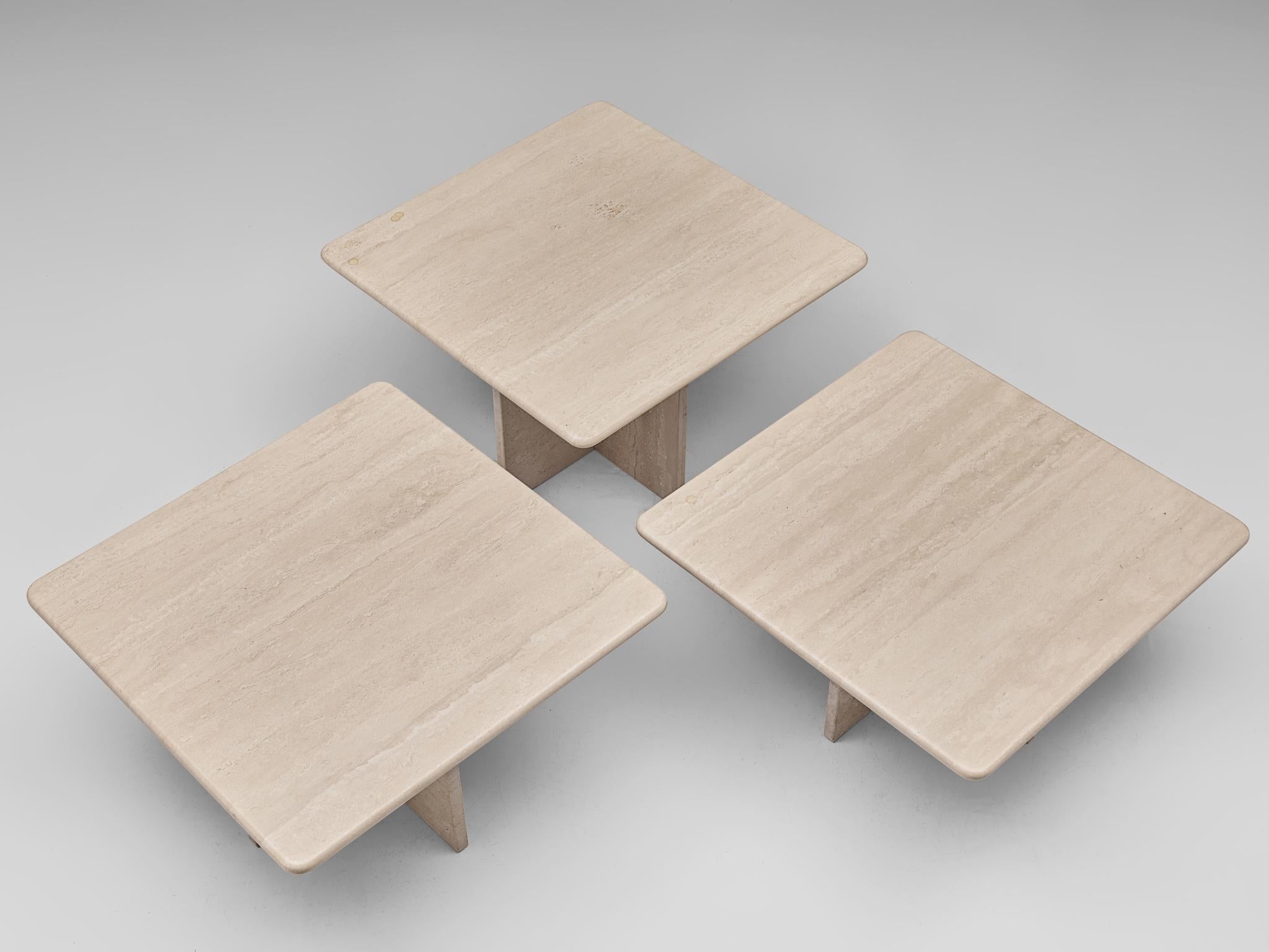 Post-Modern Set of Three Travertine Coffee Tables with Square Tops