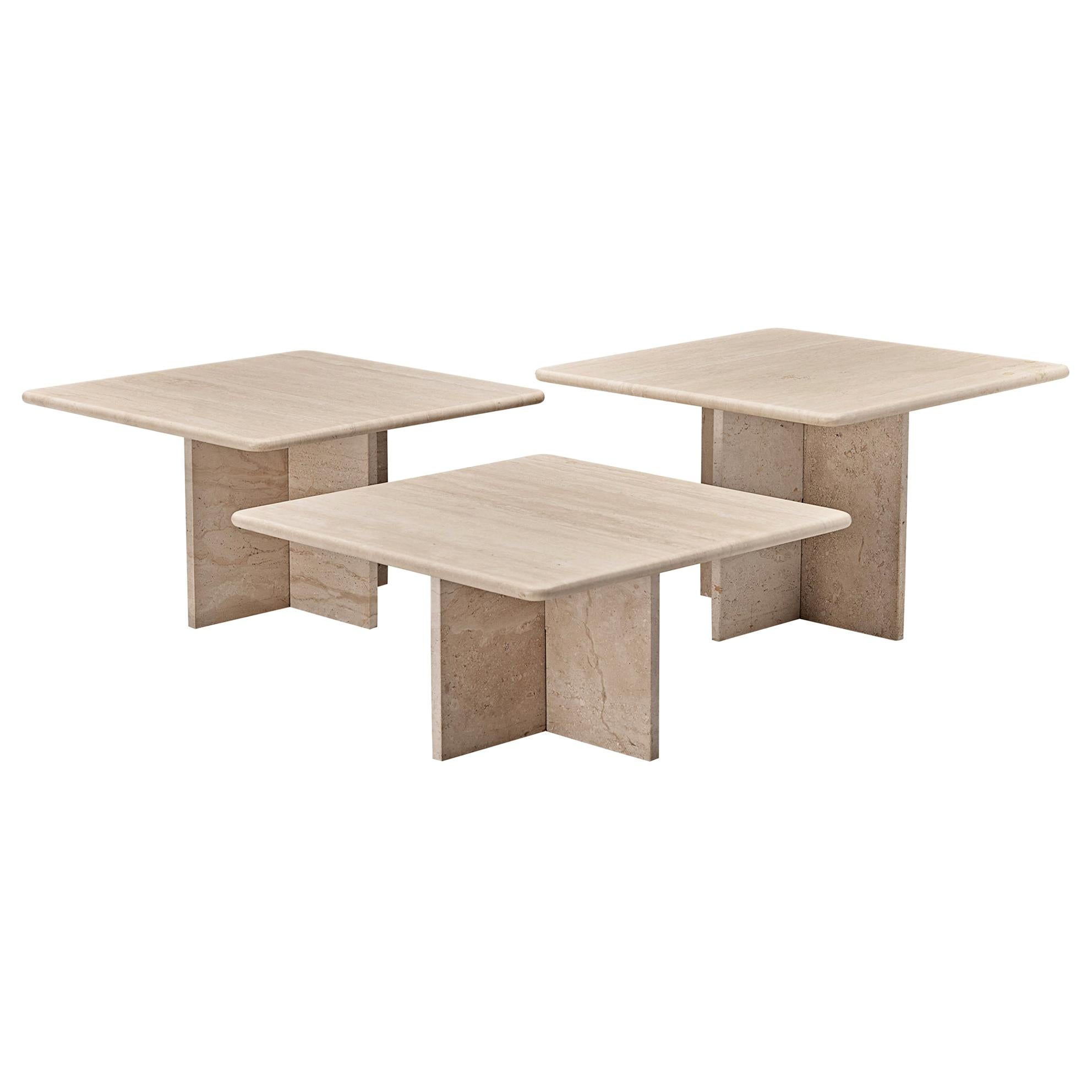 Set of Three Travertine Coffee Tables with Square Tops