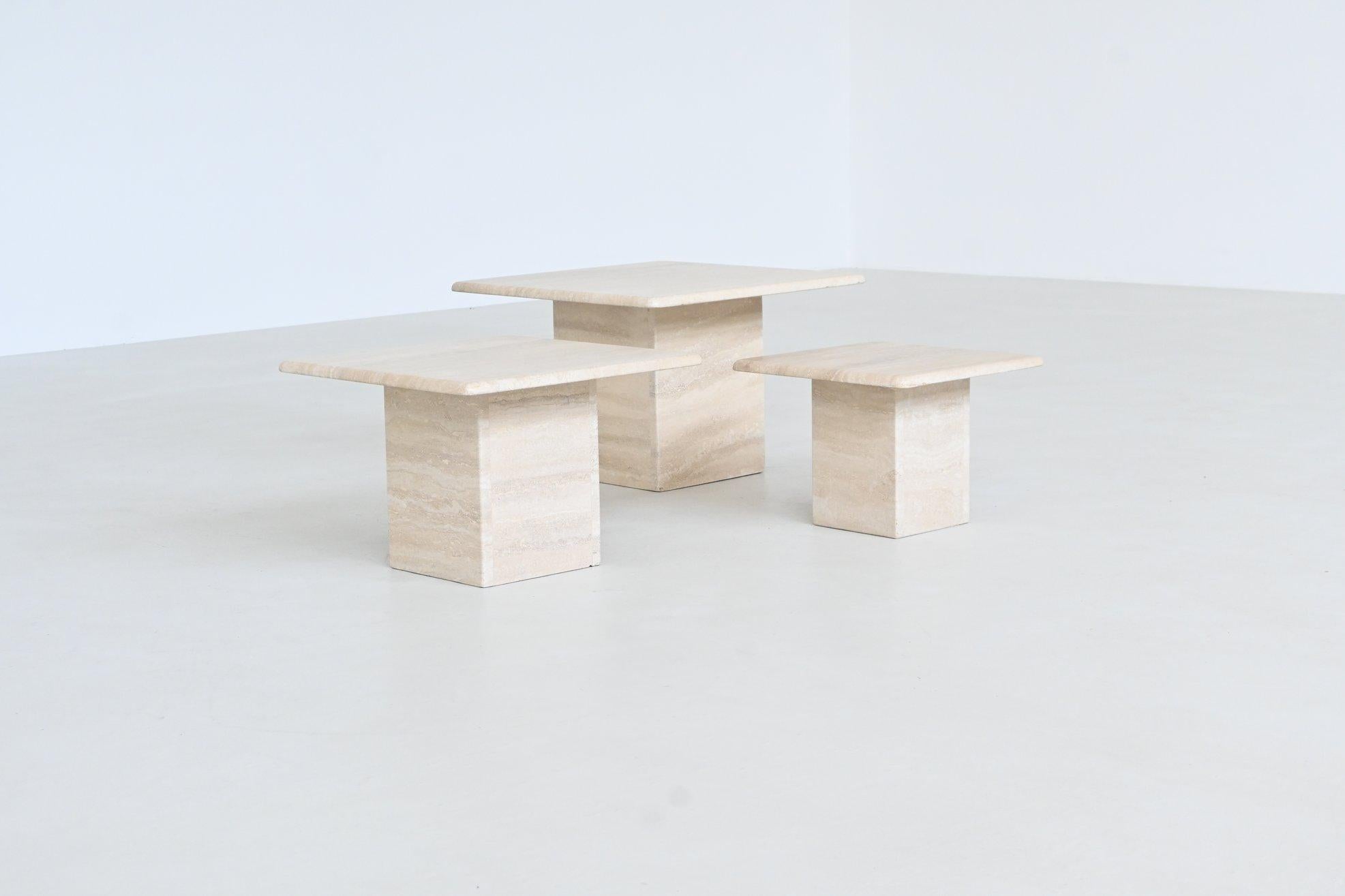 Mid-Century Modern Set of three travertine stone nesting tables Italy 1970 For Sale