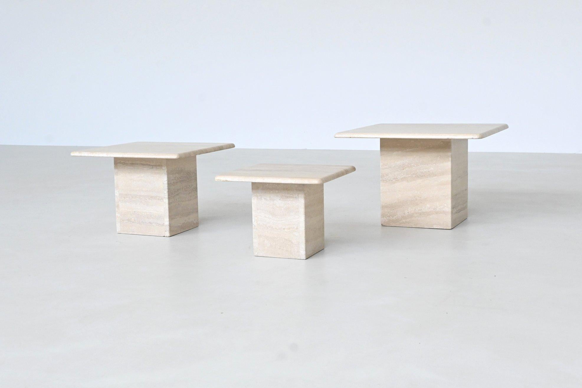 Late 20th Century Set of three travertine stone nesting tables Italy 1970 For Sale