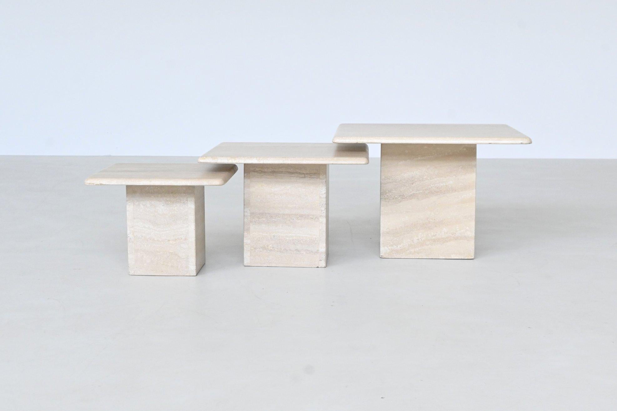 Travertine Set of three travertine stone nesting tables Italy 1970 For Sale
